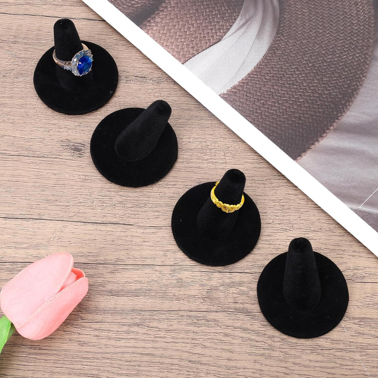 10pcs Black Velvet Ring Display Stand, Ring Holder Organizer Jewelry Storage Case Display Accessories for Vendor Home Shop Counter Showcase
