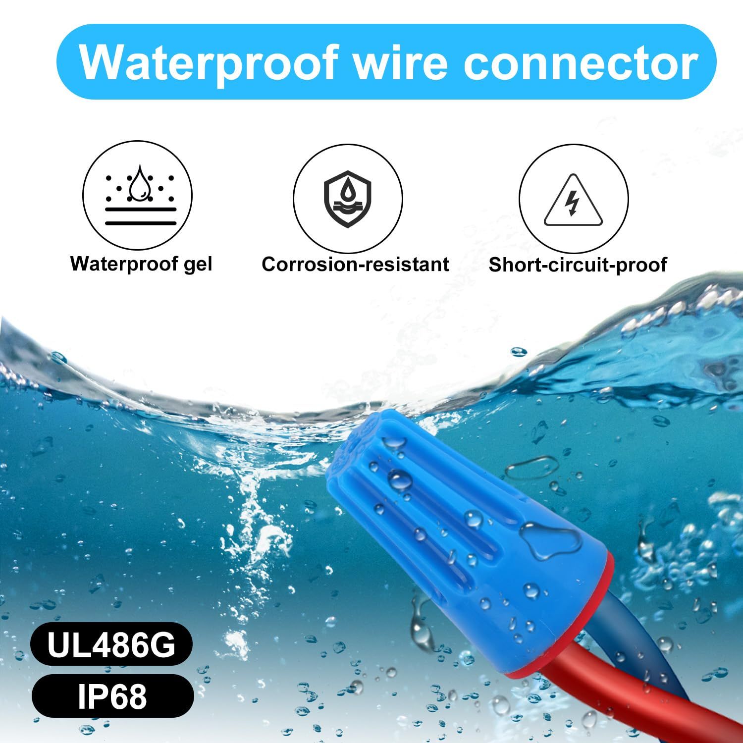 50pcs Waterproof Wire Electrical Connectors, 22AWG-14AWG Low Voltage Outdoor Cap UL Listed Seal Cable Terminal Connector for Landscape Lighting Irrigation Wet Locations