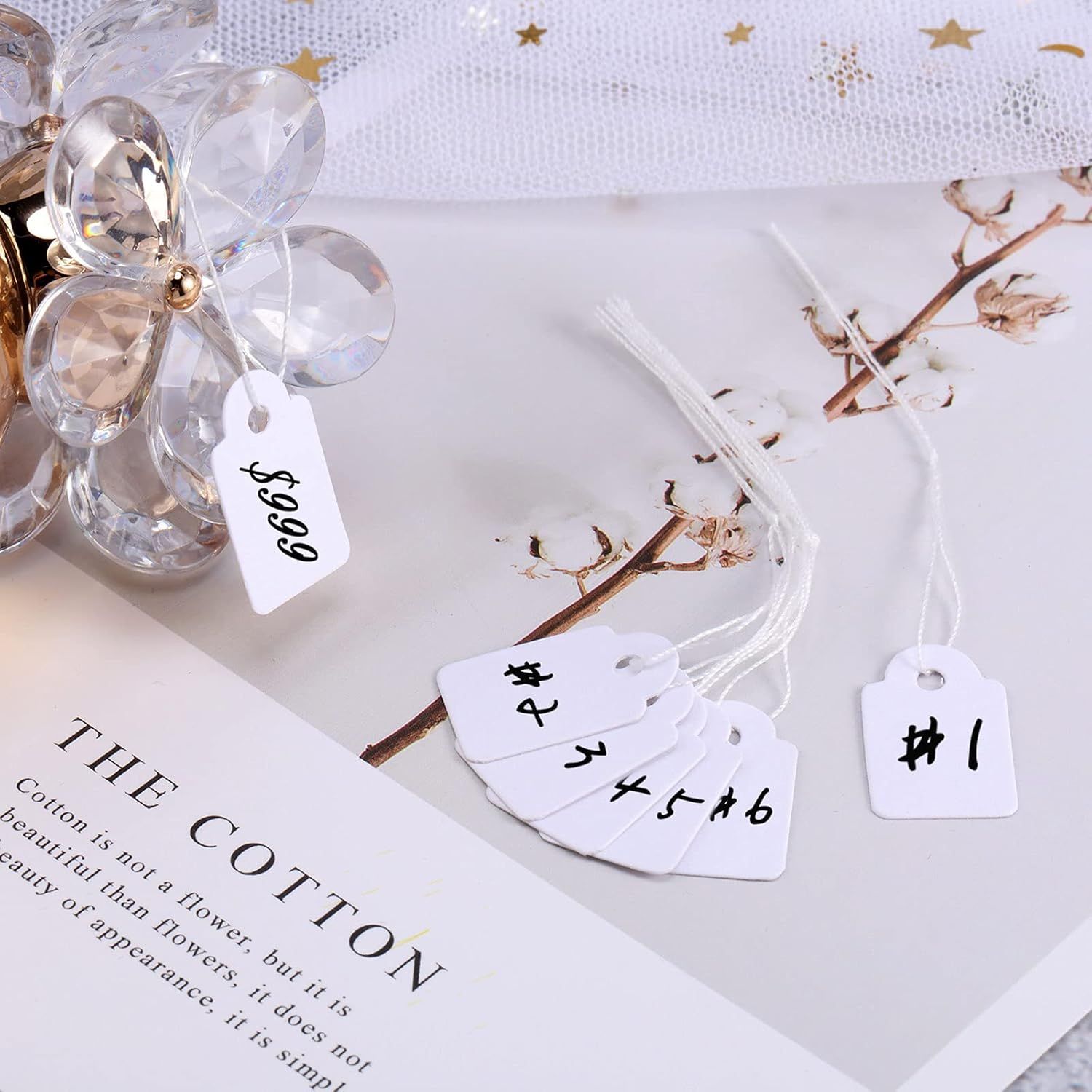 500 Pcs Small Price Tags with String Attached 0.6 x 0.95 in White Blank Marking Tag Writable Merchandise Strung Hang Label Pricing Marking Gift Display Tag for Jewelry Clothing Yard Sale Garage