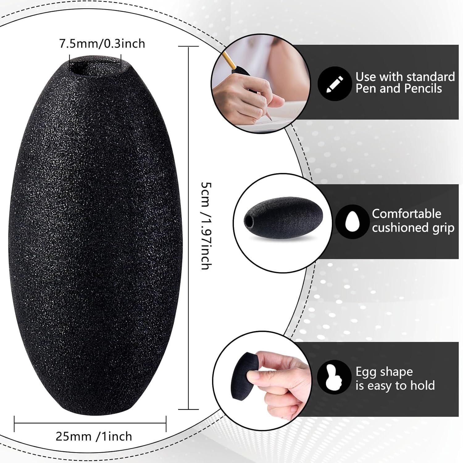 Writing Aid Trainer for Adults Foam Egg Grips Pen Cushioned Holders Writing Aid Trainer for Handwriting Drawing Preschool Supplies Right or Left Hand Use, 6 Pieces Black