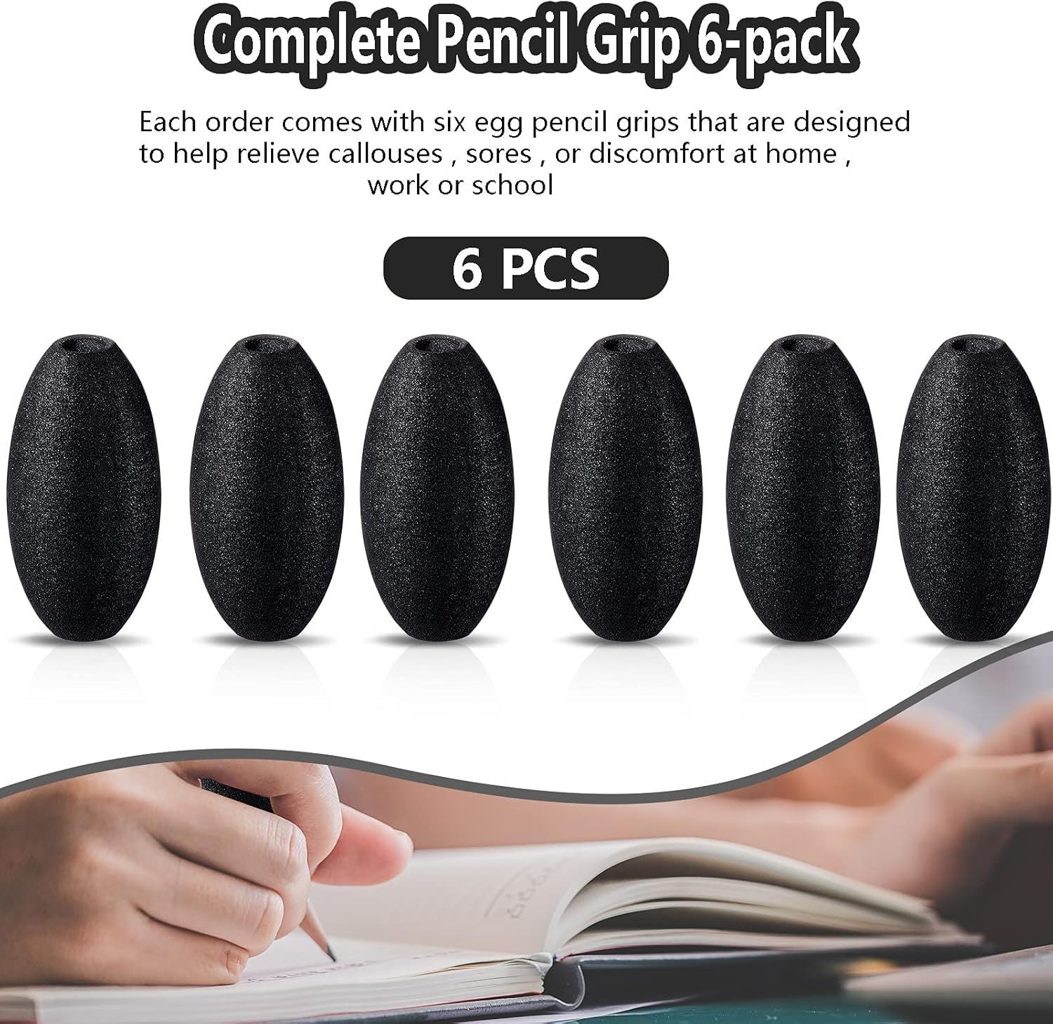 Writing Aid Trainer for Adults Foam Egg Grips Pen Cushioned Holders Writing Aid Trainer for Handwriting Drawing Preschool Supplies Right or Left Hand Use, 6 Pieces Black