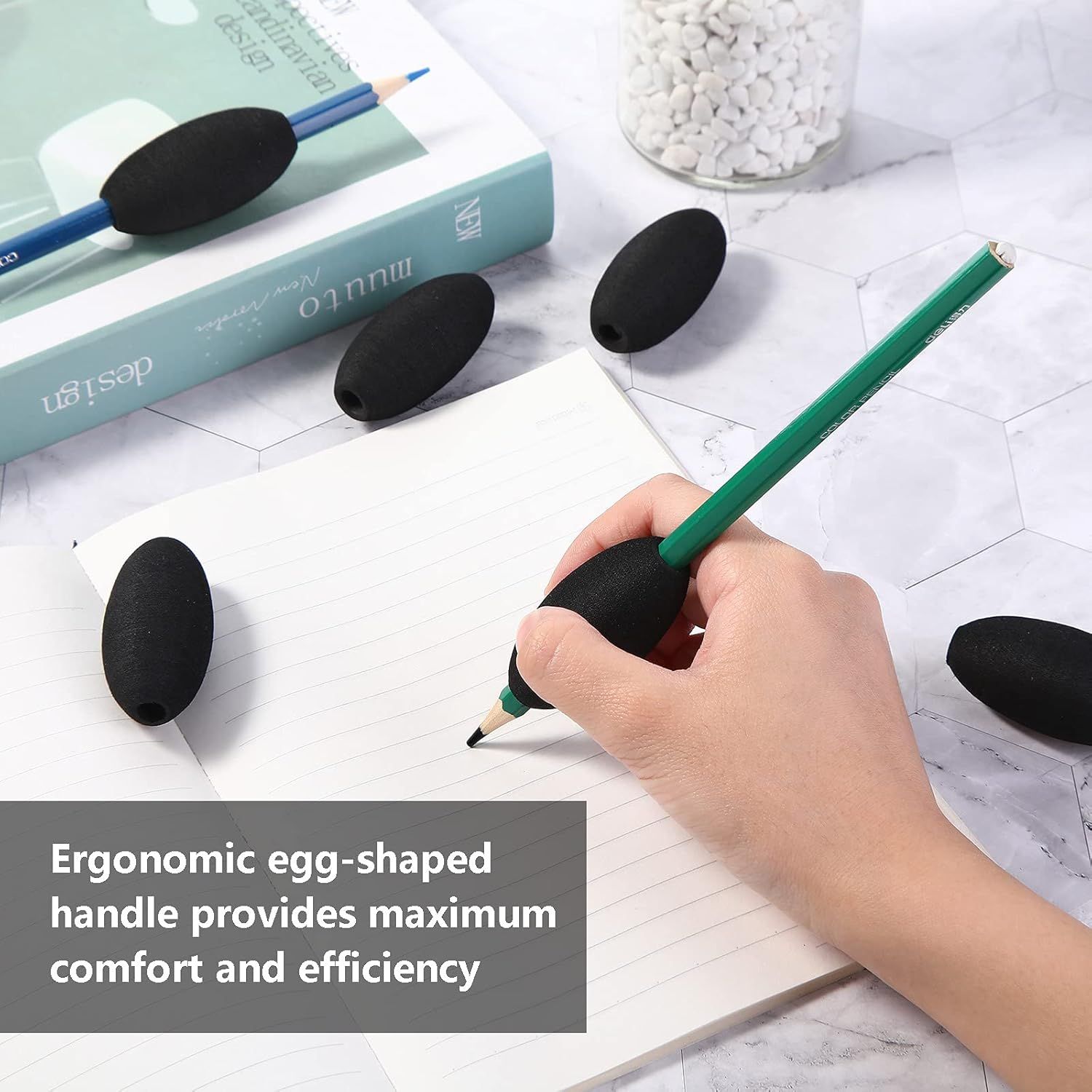 Writing Aid Trainer for Adults Foam Egg Grips Pen Cushioned Holders Writing Aid Trainer for Handwriting Drawing Preschool Supplies Right or Left Hand Use, 6 Pieces Black