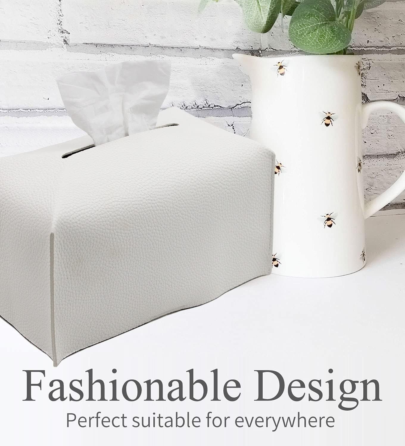Tissue Box Cover, Modern Decorative PU Leather Rectangular Tissue Box Case Organizer Holder for Vanity Countertop, Night Stands, Livingroom, Office Desk & Car 9.5X5X5'' | Off White