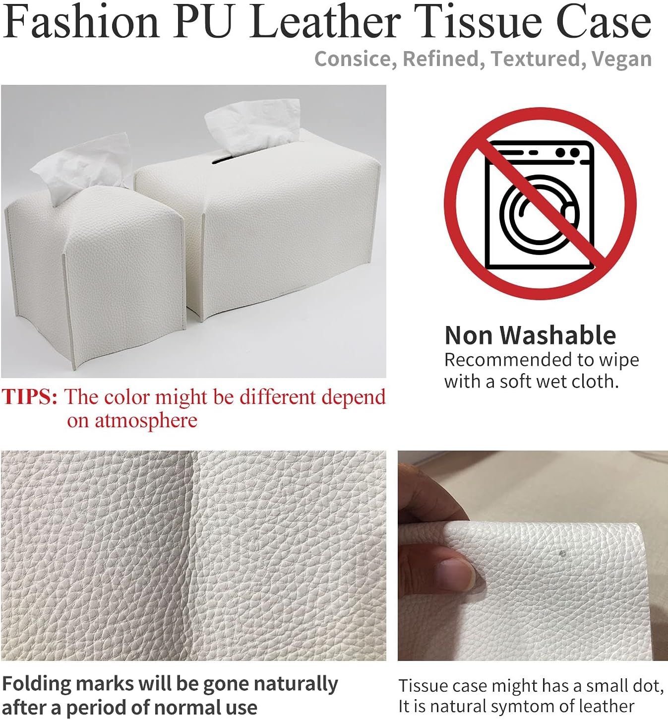 Tissue Box Cover, Modern Decorative PU Leather Rectangular Tissue Box Case Organizer Holder for Vanity Countertop, Night Stands, Livingroom, Office Desk & Car 9.5X5X5'' | Off White