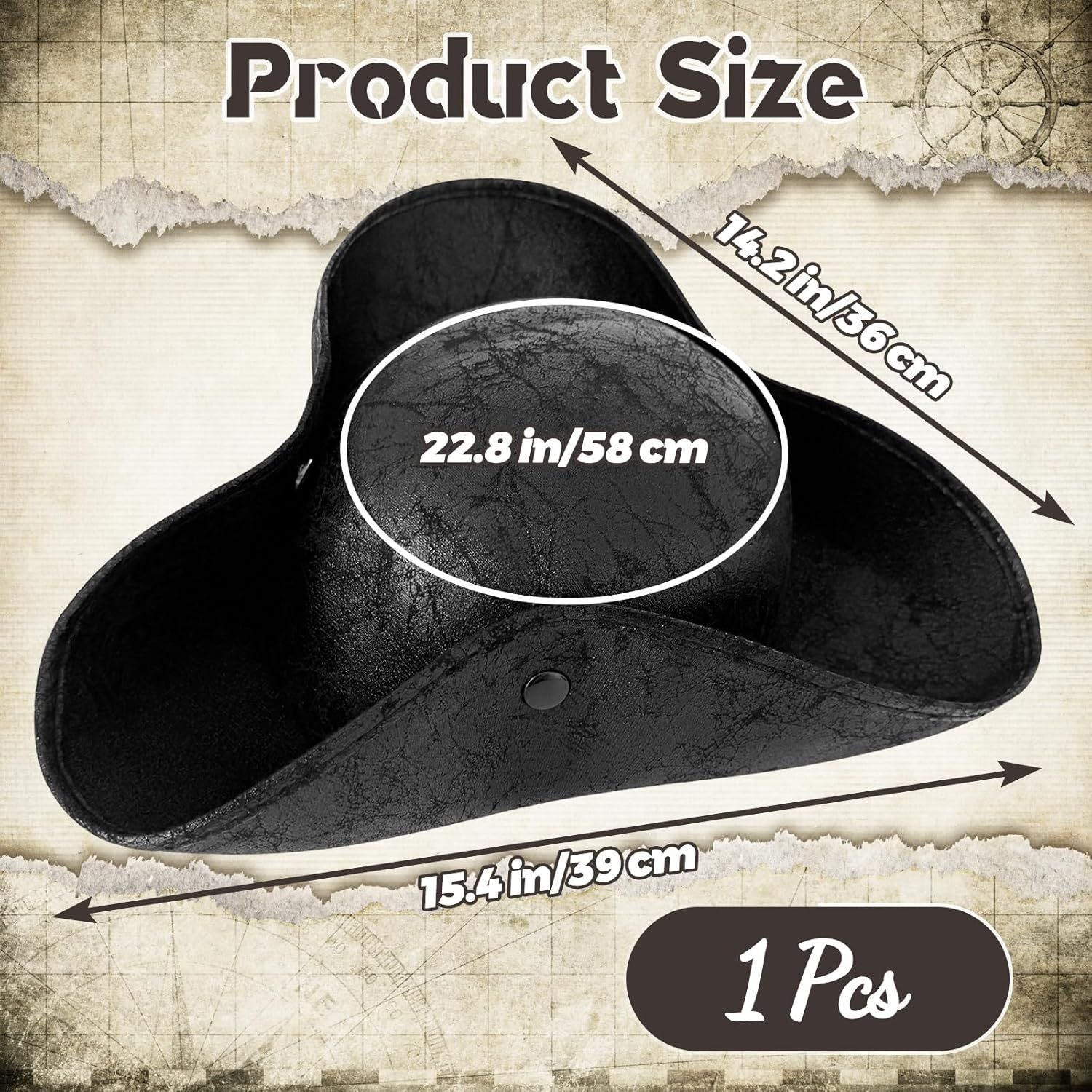 Black Pirate-Hat,Women Tricorn Leather Hat,Men Vintage Wrinkle Pirate Hat for Halloween Party Costume Accessories