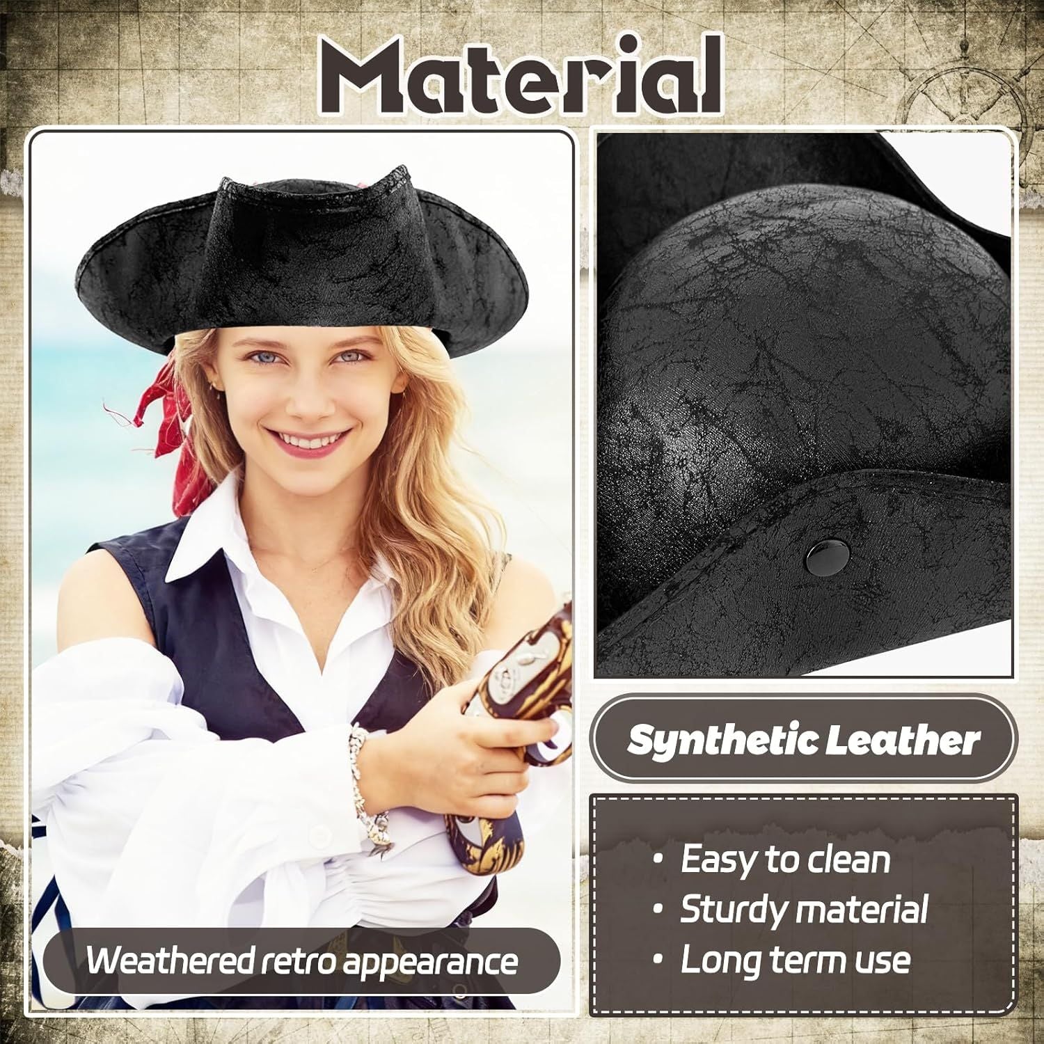 Black Pirate-Hat,Women Tricorn Leather Hat,Men Vintage Wrinkle Pirate Hat for Halloween Party Costume Accessories