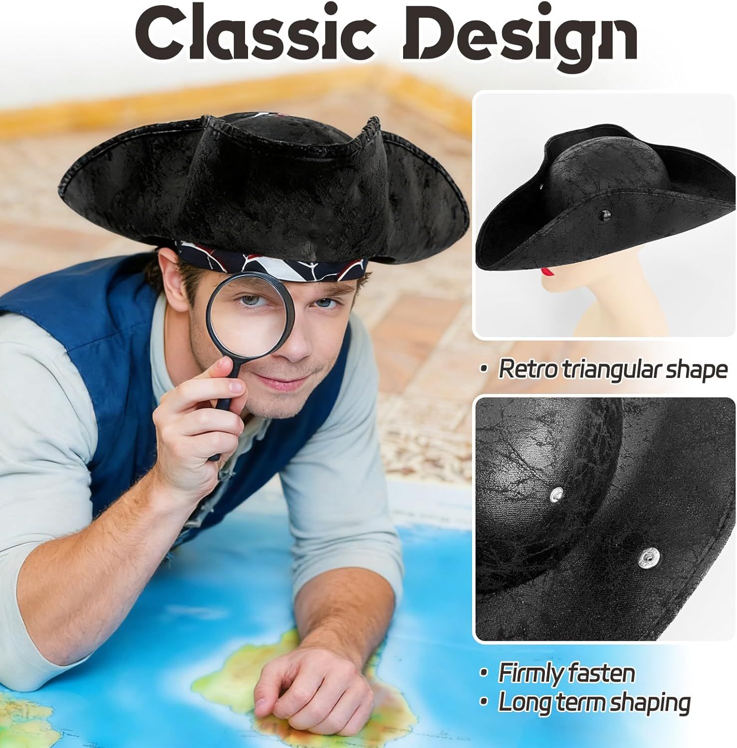 Black Pirate-Hat,Women Tricorn Leather Hat,Men Vintage Wrinkle Pirate Hat for Halloween Party Costume Accessories
