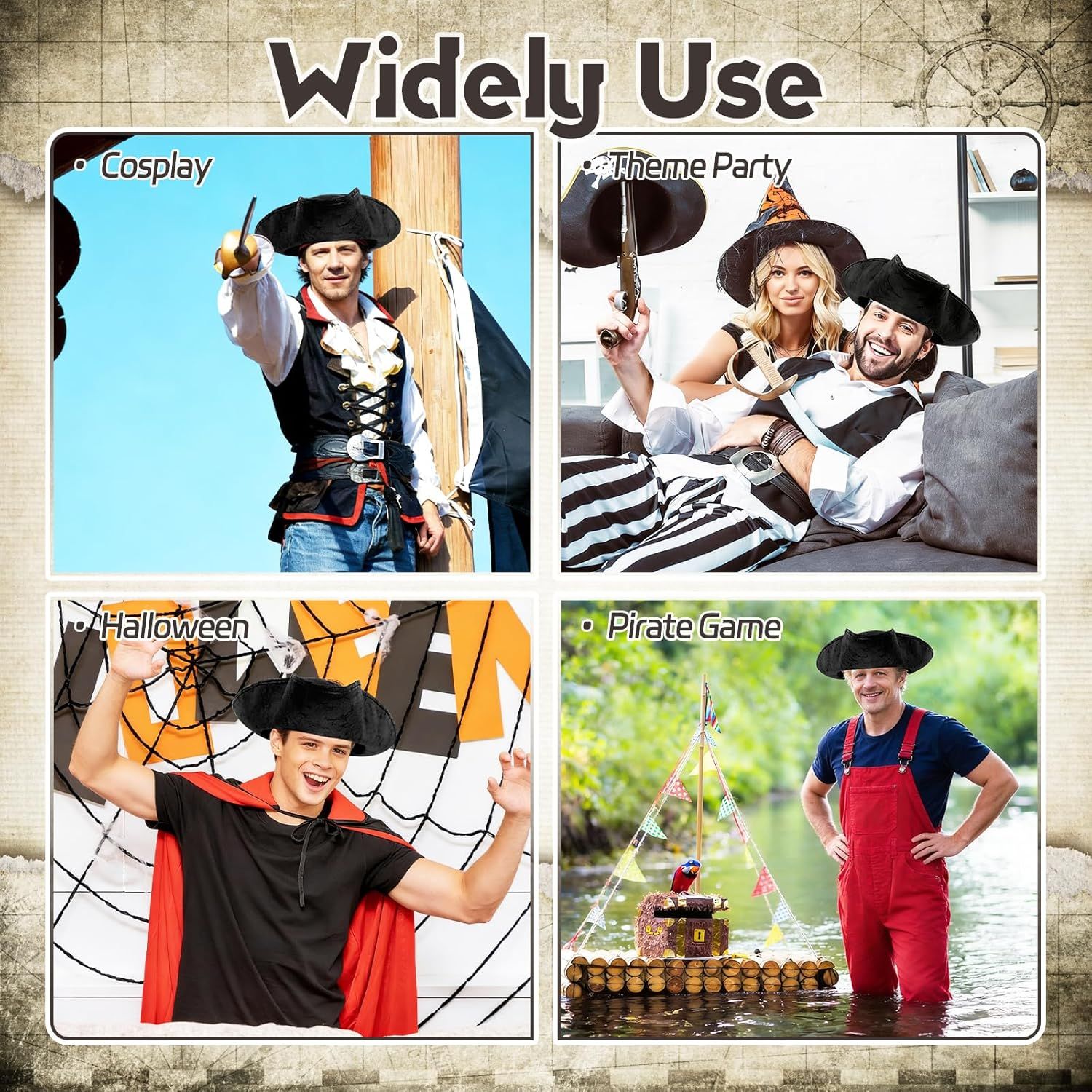 Black Pirate-Hat,Women Tricorn Leather Hat,Men Vintage Wrinkle Pirate Hat for Halloween Party Costume Accessories