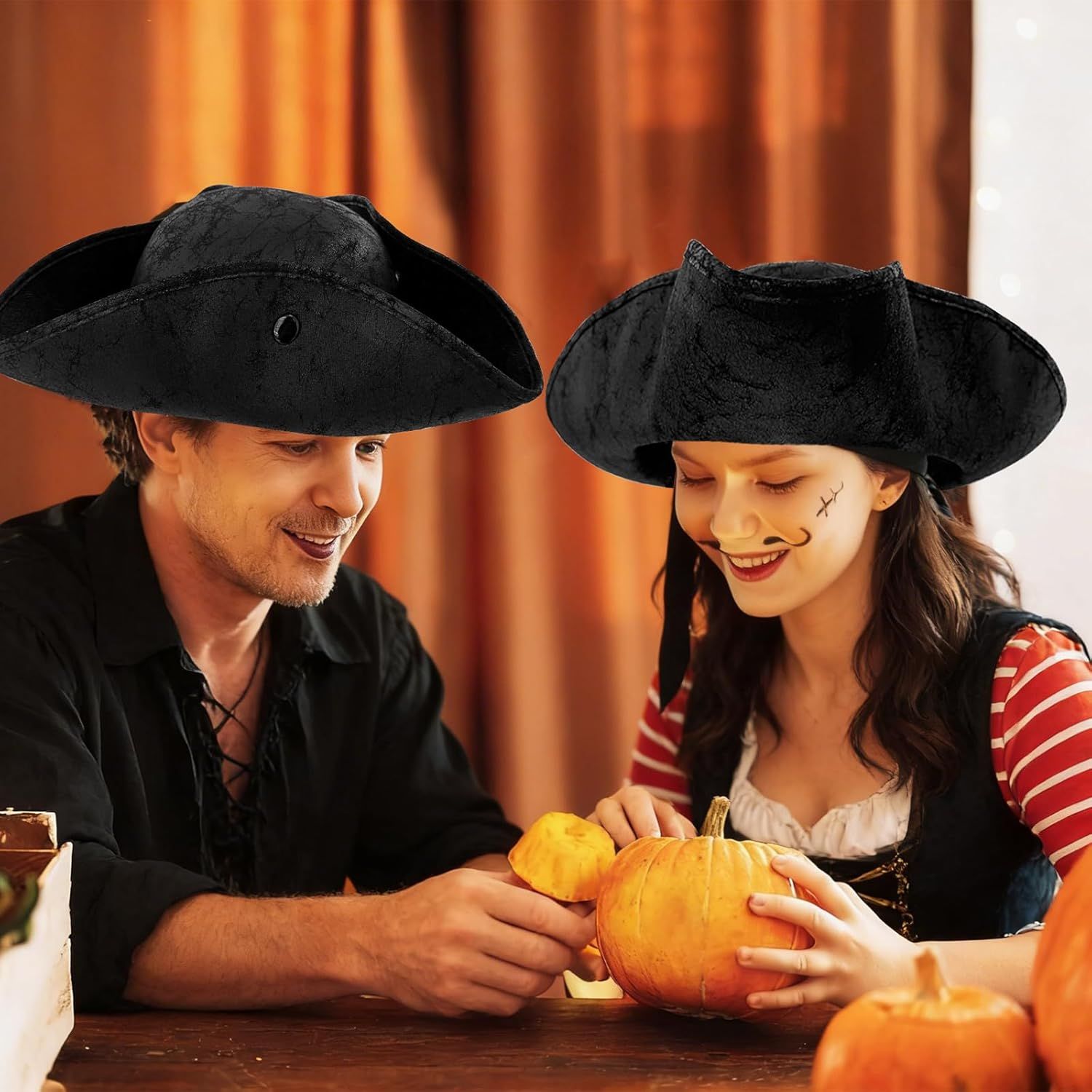 Black Pirate-Hat,Women Tricorn Leather Hat,Men Vintage Wrinkle Pirate Hat for Halloween Party Costume Accessories