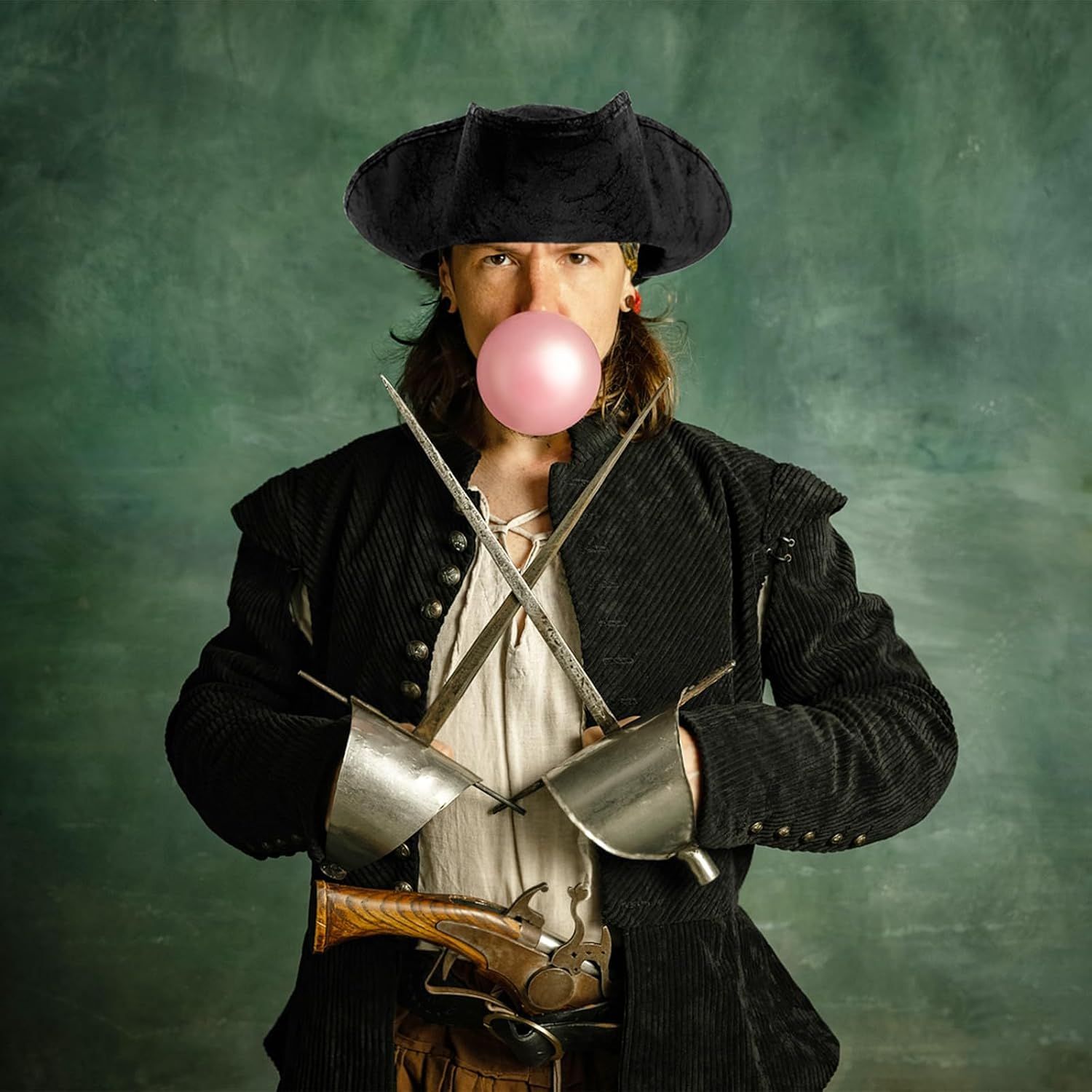 Black Pirate-Hat,Women Tricorn Leather Hat,Men Vintage Wrinkle Pirate Hat for Halloween Party Costume Accessories