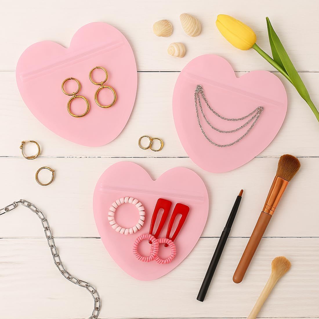 100pcs Pink Heart-Shaped Mylar Bags, 4"x4" Clear & Resealable Ziplock Packaging Bags for Business Essentials Supplies, Earring, Jewelry, Trinkets