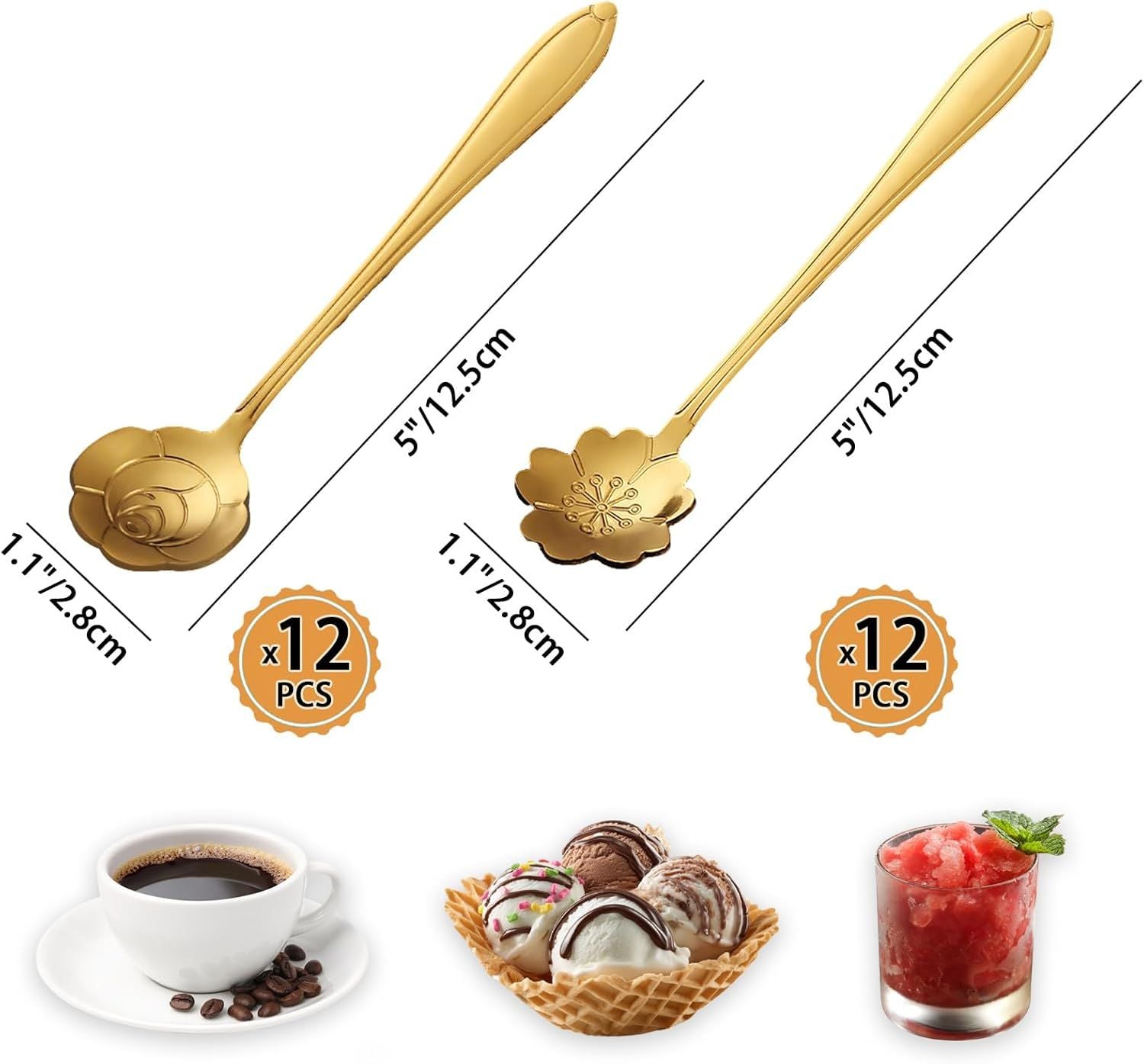 24PCS Gold Coffee Espresso Spoons, 5 Inch Stainless Steel Small Spoon for Dessert, Tea, Demitasse Stirring, Soup, Kitchen, Cafe or Bar