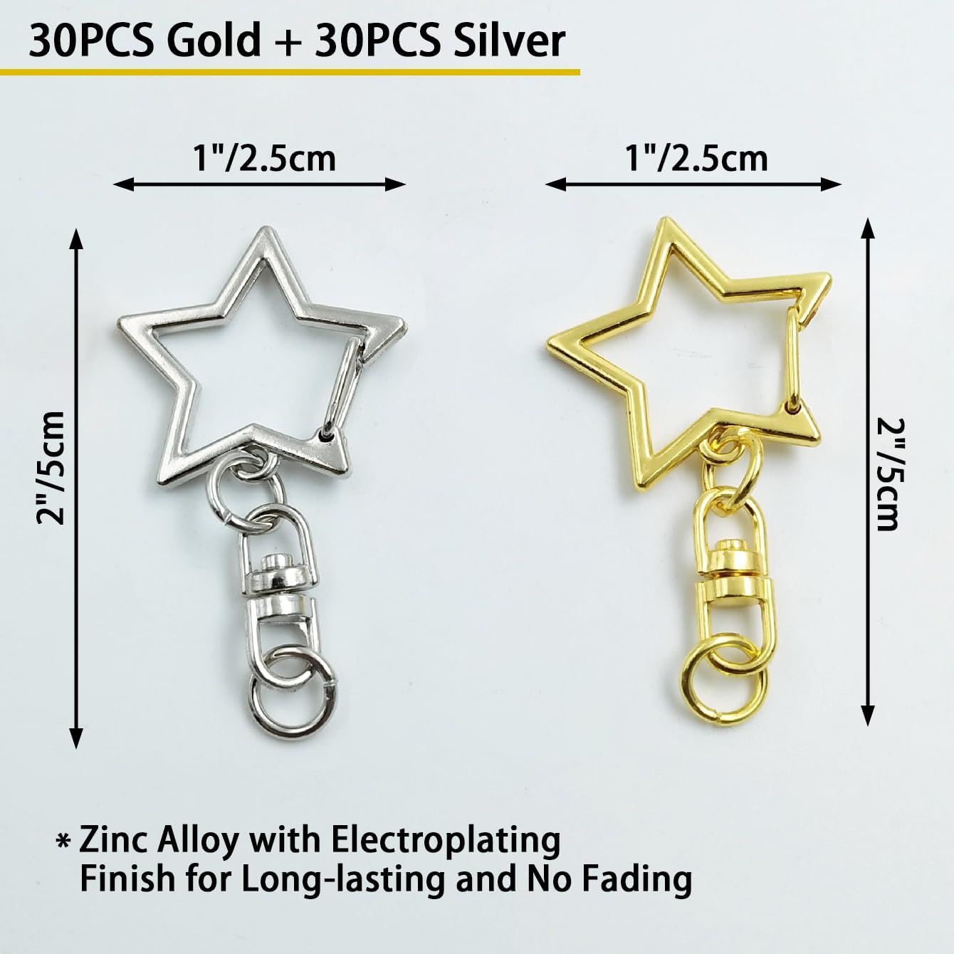 60PCS Star Shaped Keychain, 2 Colors, Metal Hanging Buckle, Spring Snap Hook with Open Jump Ring Connector