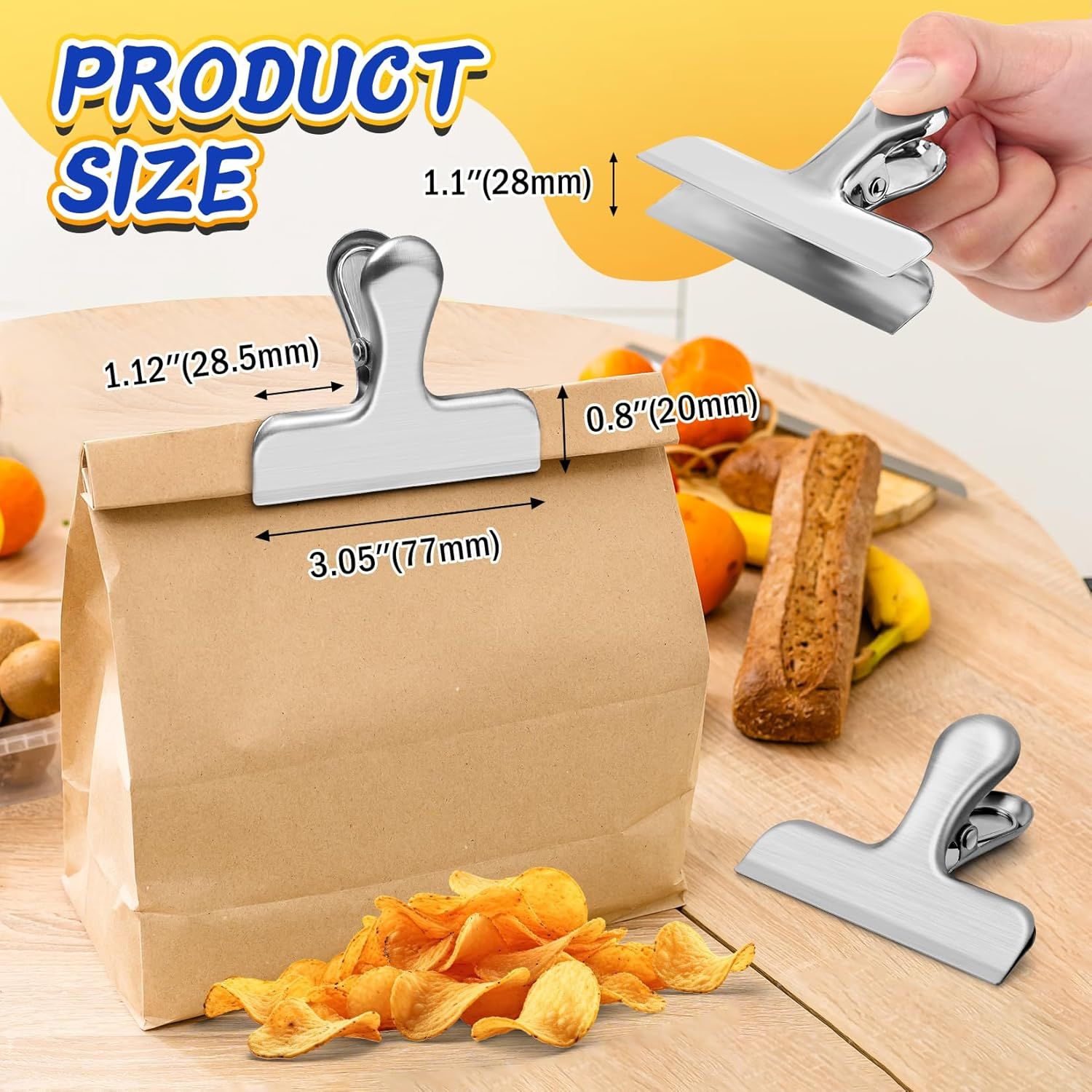 12 Pack Stainless Steel Chip Clips, Bag Clips for Food, Heavy Duty Snack Clip Metal Clip to Seal Coffee Bags, Ideal for Office and Kitchen Use, Binder Clip Large - 3 Inches, Silver