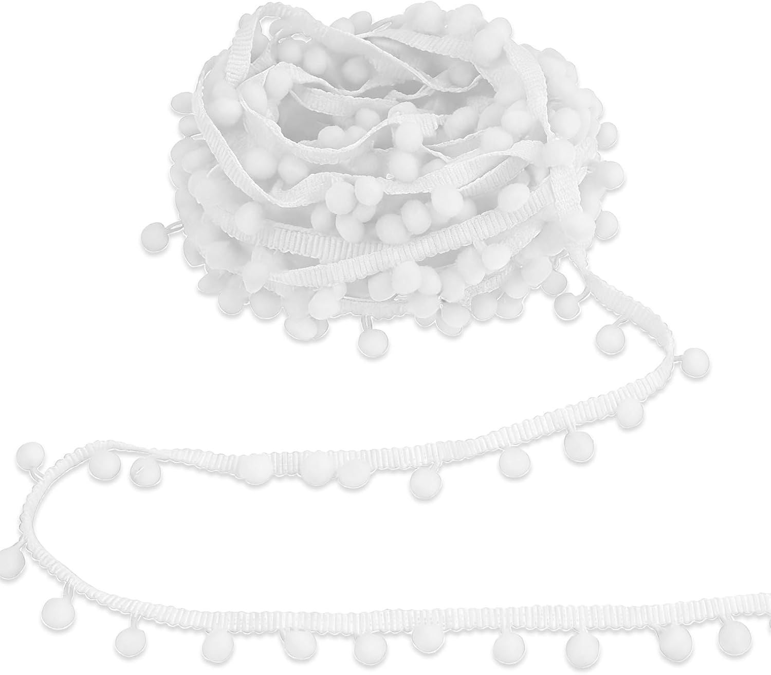 30 Yards Mini Pom Poms Trim Ribbon, 0.79" Wide Single Edge Ball Trim Fringe Sewing Ribbon Crafts Pompoms Tassel for DIY Crafts Sewing Curtain Clothes Pillow Home Decoration White
