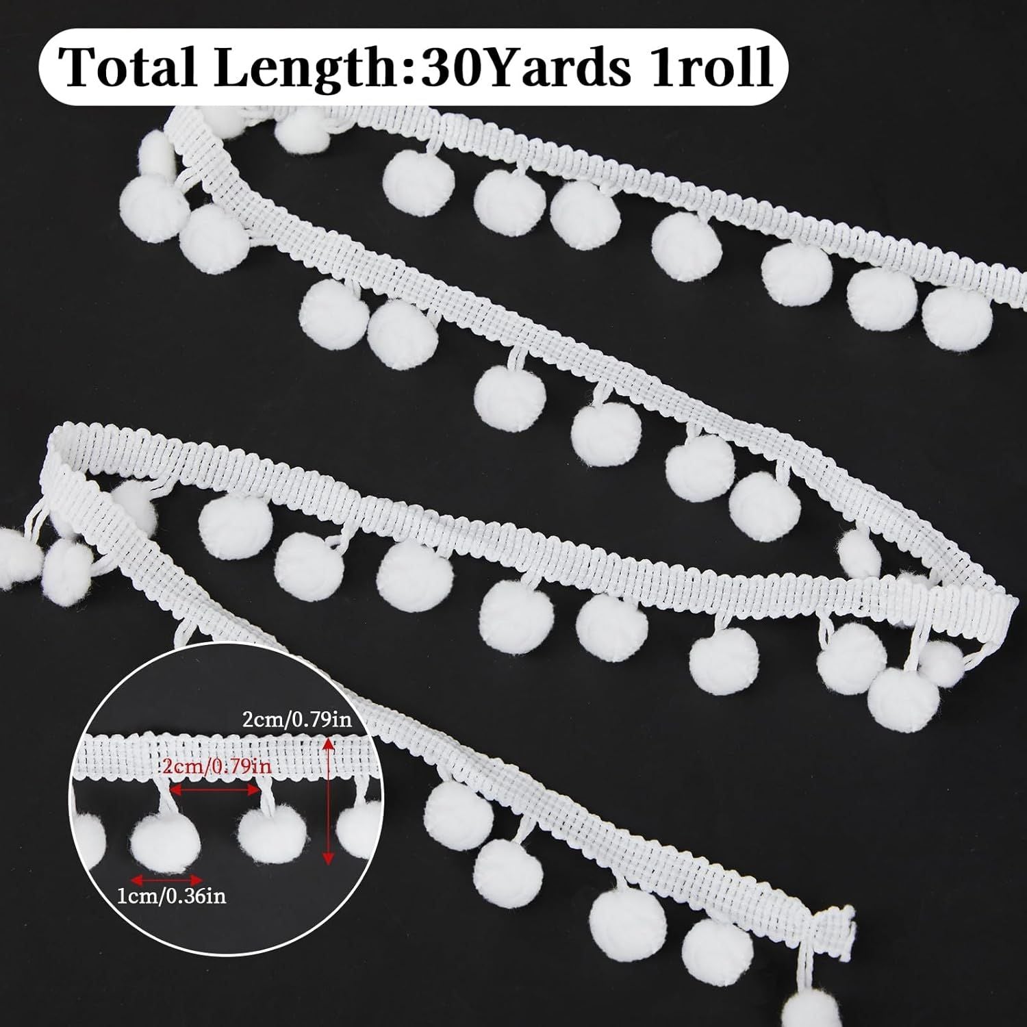 30 Yards Mini Pom Poms Trim Ribbon, 0.79" Wide Single Edge Ball Trim Fringe Sewing Ribbon Crafts Pompoms Tassel for DIY Crafts Sewing Curtain Clothes Pillow Home Decoration White