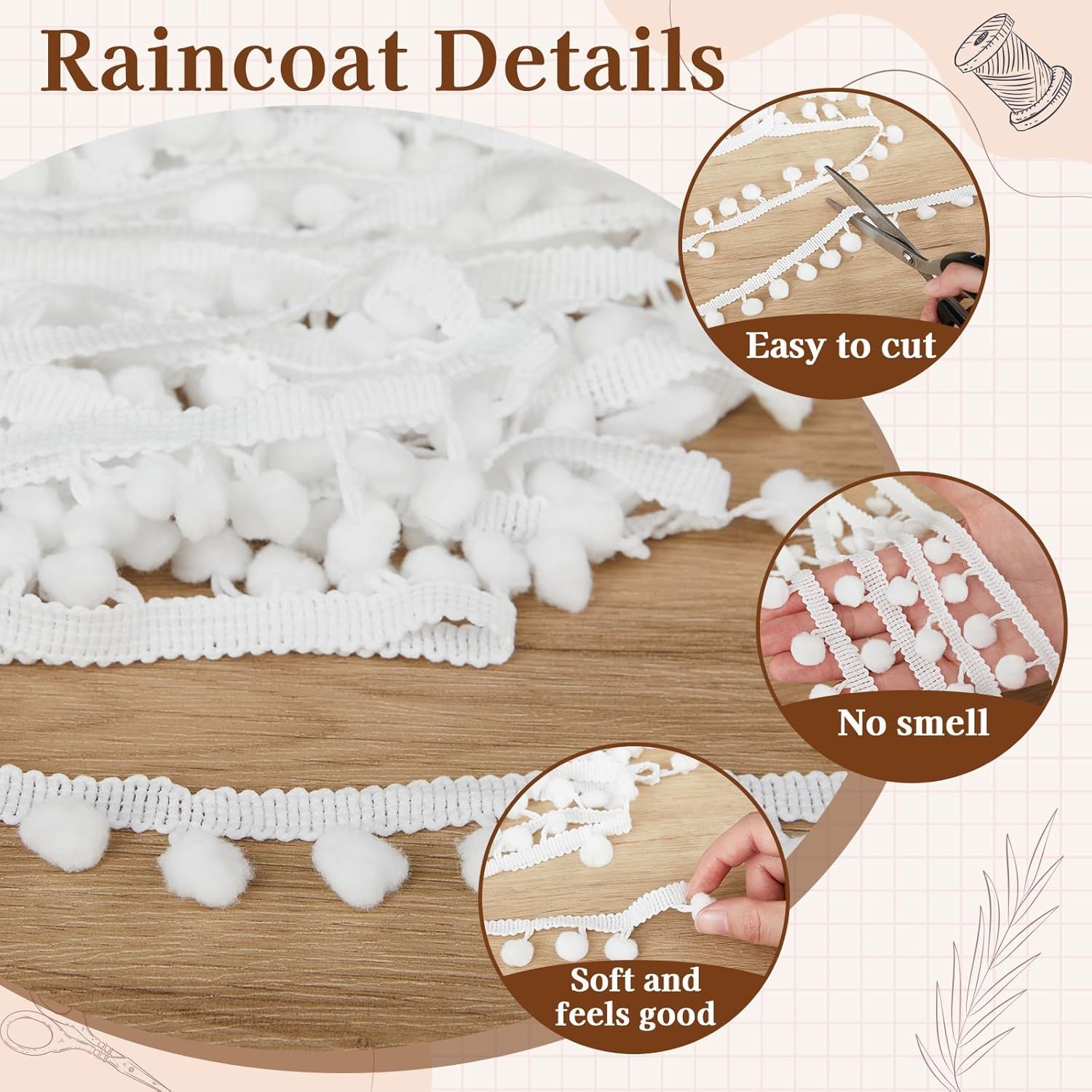 30 Yards Mini Pom Poms Trim Ribbon, 0.79" Wide Single Edge Ball Trim Fringe Sewing Ribbon Crafts Pompoms Tassel for DIY Crafts Sewing Curtain Clothes Pillow Home Decoration White