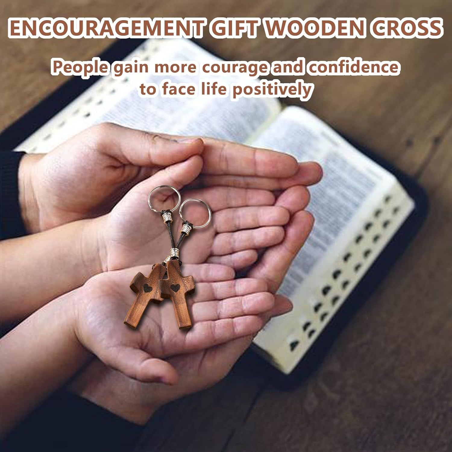 Walnut Wood Cross Keychain, Design Comfort Touch Pocket Size Prayer Worry Coin, Inspirational Christian Keychains Accessories Purse Charms for Men Women