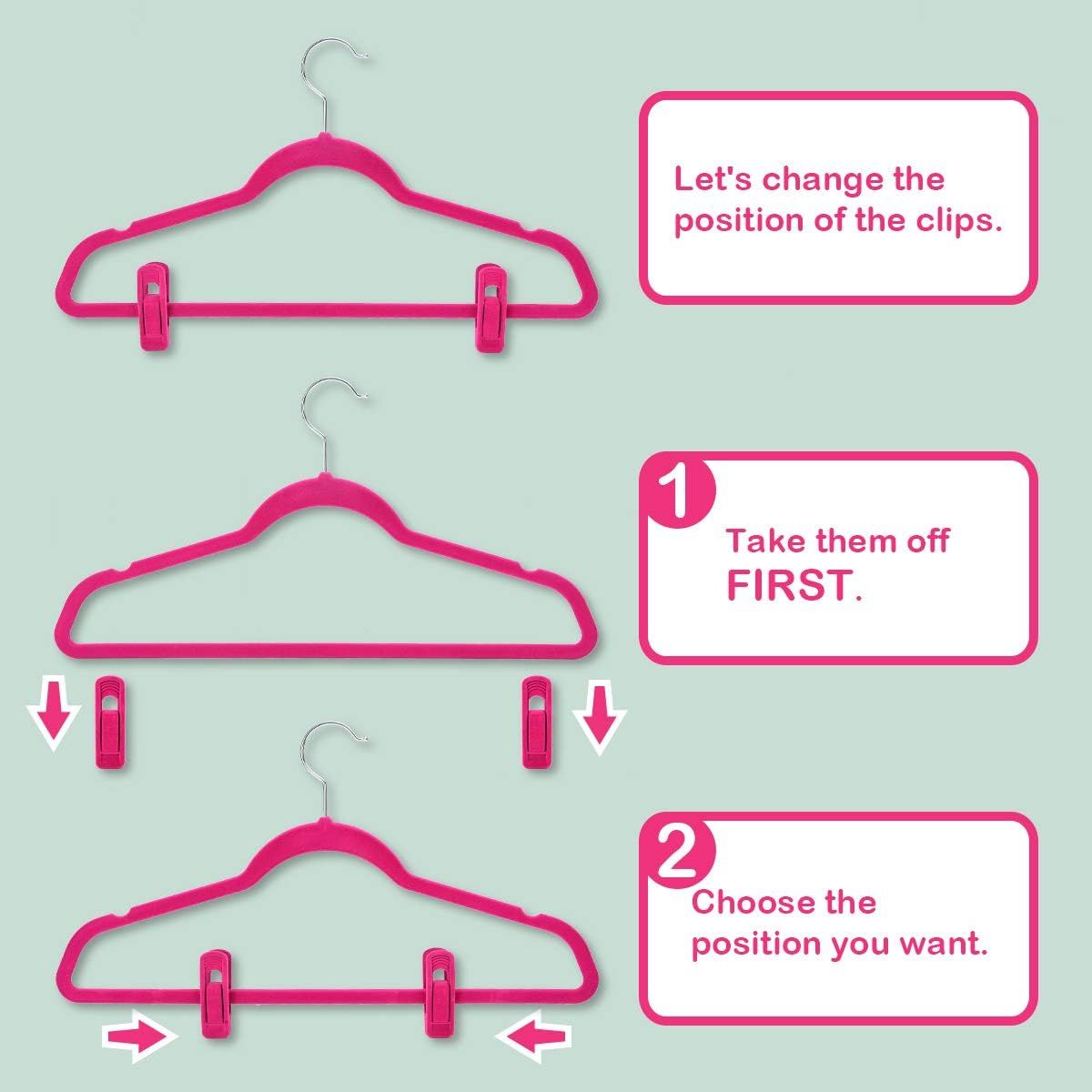Hot Pink Velvet Hangers Clips, Pants Hangers Velvet Clips, Strong Finger Clips Perfect for Thin Velvet Hangers 20 Pcs, Hot Pink