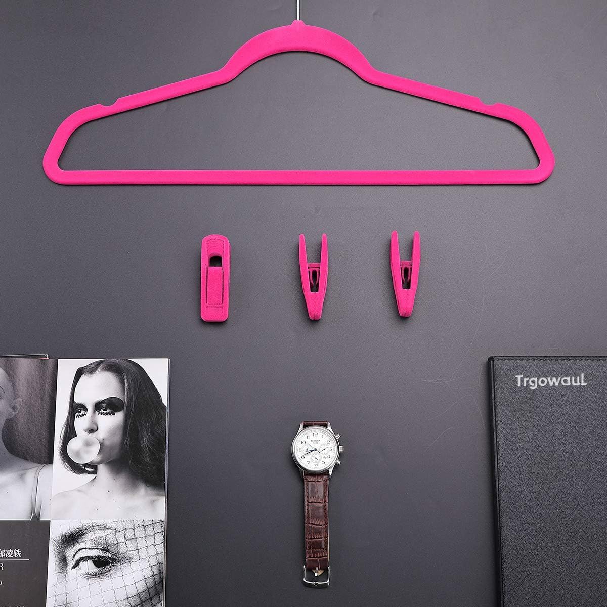 Hot Pink Velvet Hangers Clips, Pants Hangers Velvet Clips, Strong Finger Clips Perfect for Thin Velvet Hangers 20 Pcs, Hot Pink