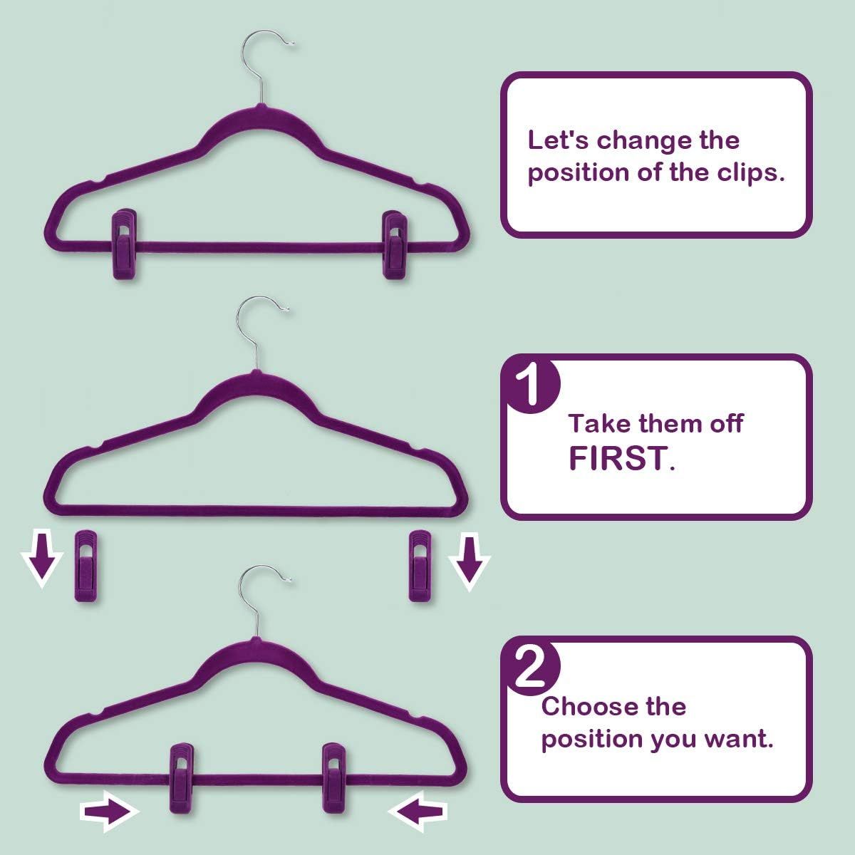 Purple Velvet Hangers Clips, Pants Hangers Velvet Clips, Strong Finger Clips Perfect for Thin Velvet Hangers 20 Pcs, Purple