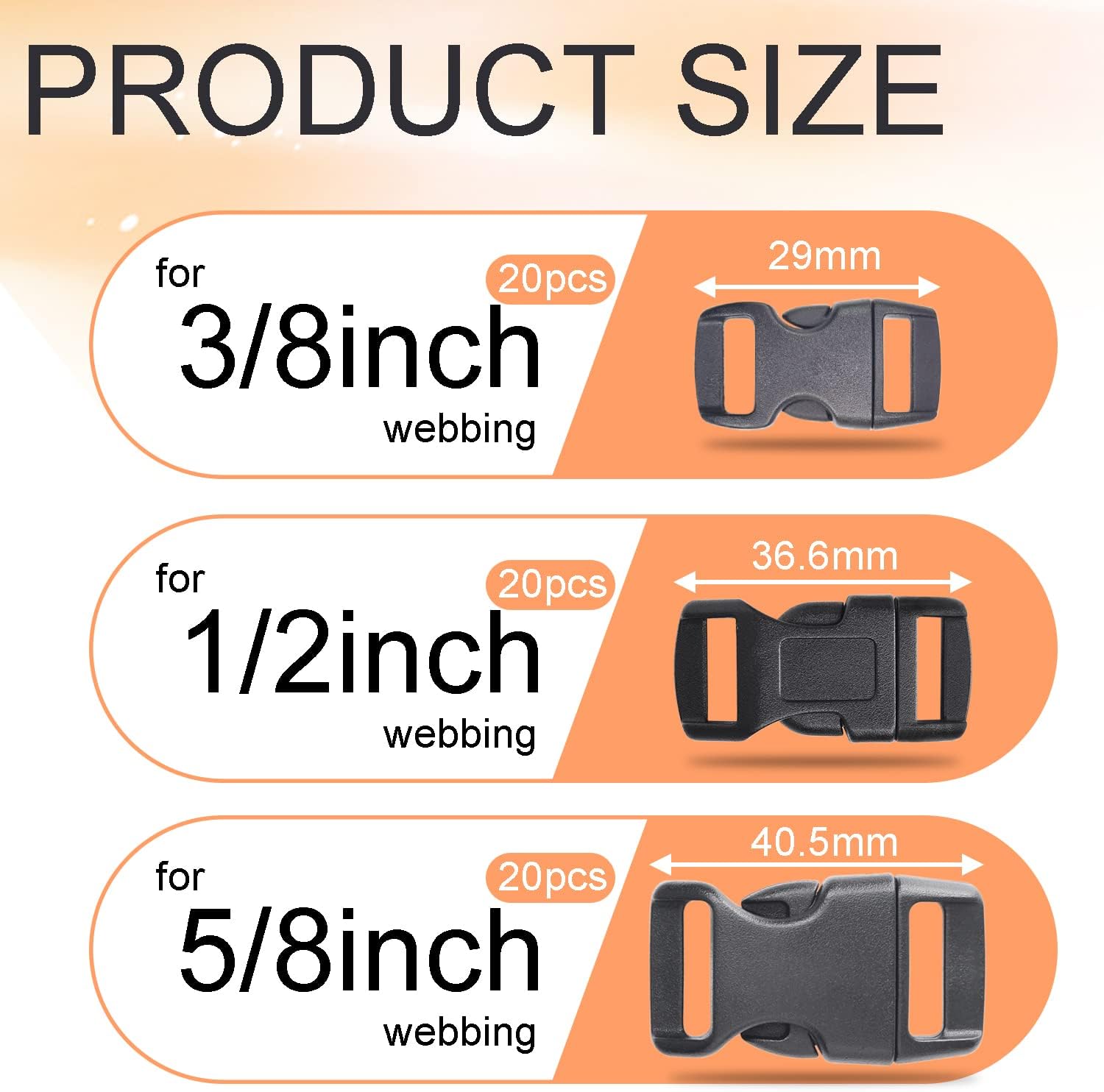 CooBigo 60 Pack Paracord Bracelets Buckles, 5/8, 1/2 and 3/8 Inch Contoured Paracord Buckles, Plastic Side Release Clasp for Parachute 550 Cord Bracelets Clasps Clip Dog Collar Accessories 20 Each