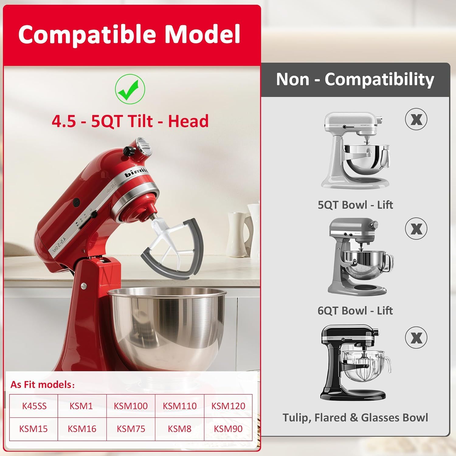 Flex Edge Beater for KitchenAid 4.5/5 Qt Tilt-Head Stand Mixer – Silicone Paddle, Dishwasher Safe, Flexible Silicone Edges Bowl Scraper For Kitchen Aid Accessories and Attachments Grey