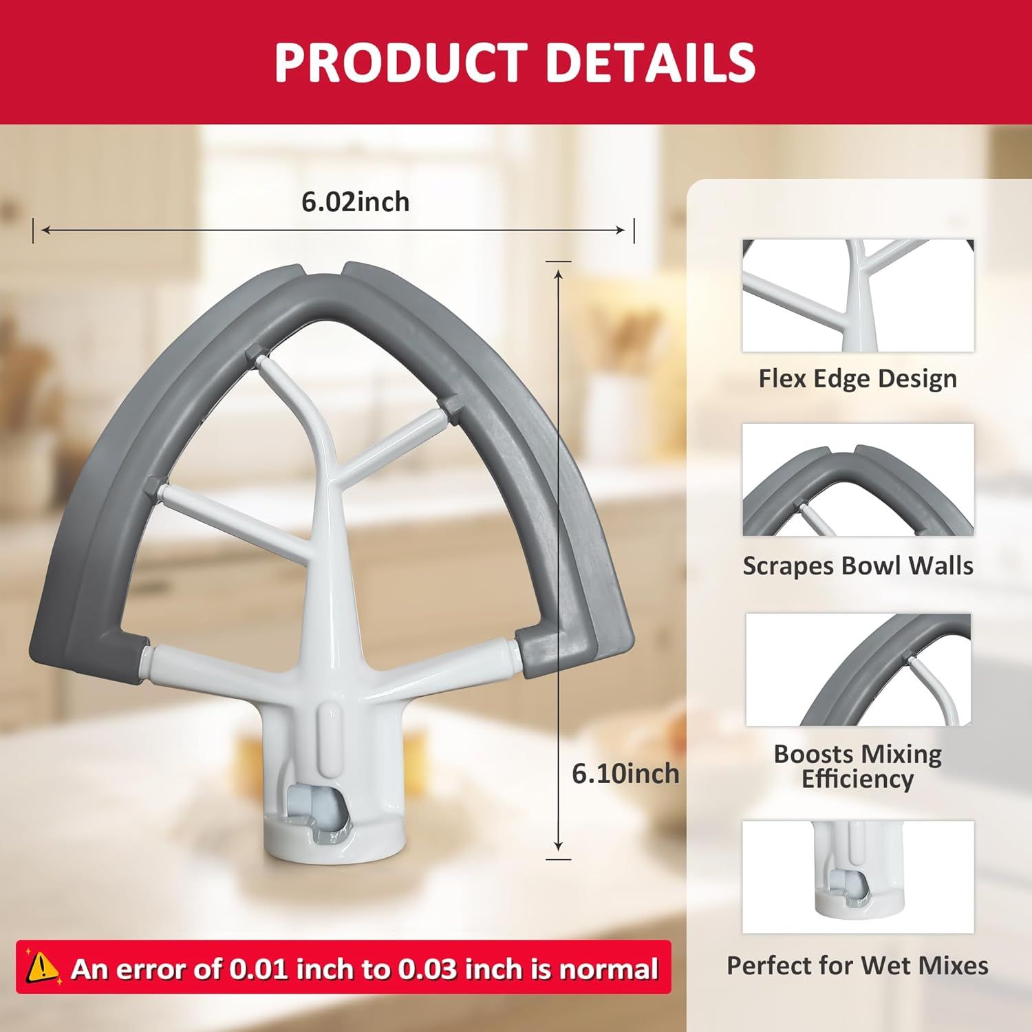 Flex Edge Beater for KitchenAid 4.5/5 Qt Tilt-Head Stand Mixer – Silicone Paddle, Dishwasher Safe, Flexible Silicone Edges Bowl Scraper For Kitchen Aid Accessories and Attachments Grey