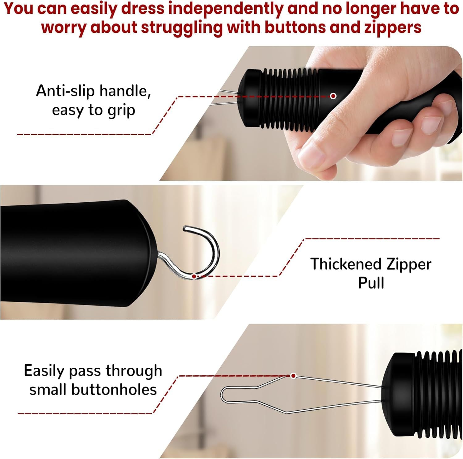 Button Hook with Zipper Pull, Button Assist Tool, Button Hook for Seniors, Disabled, Limited Hand Mobility, One Handed Button Helper Tool, Gifts for People with Disabilities, Easy to Use