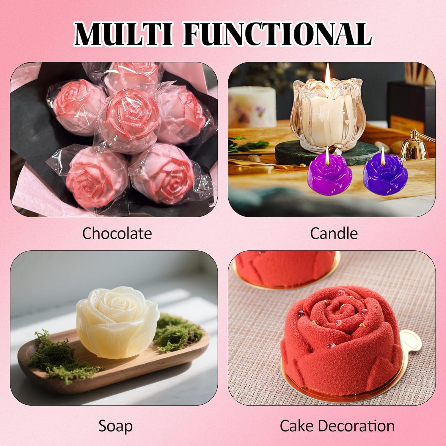 2 Pcs Rose Mold Silicone, Non-Stick Soap Molds, Reusable Heat-Resistant Flower Molds Silicone for Handmade Soap Making, Candy, Chocolate, Rose Ice Cube, Cake Decoration Jelly, Easy Release & Cleaning