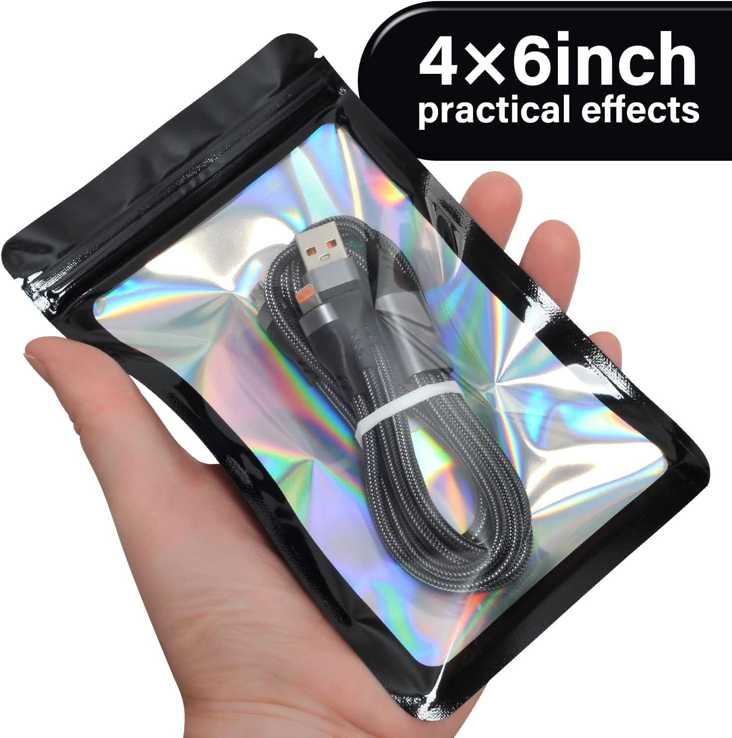 EONJOE 100-Pack 4×6 Inch Mylar Bags Resealable Holographic Packaging Bag Jewelry Candy Sample Food Treat Party Favor Small Bussiness Bags,Black