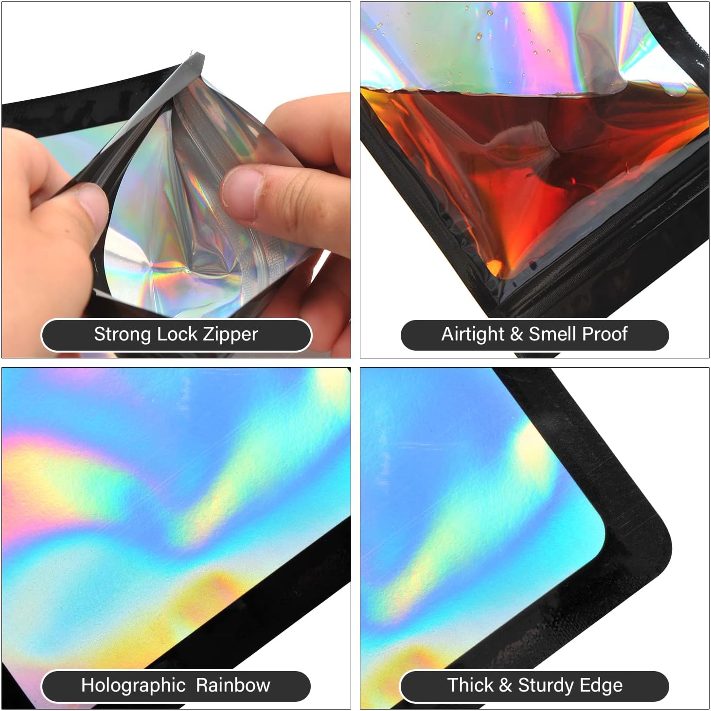 EONJOE 100-Pack 4×6 Inch Mylar Bags Resealable Holographic Packaging Bag Jewelry Candy Sample Food Treat Party Favor Small Bussiness Bags,Black