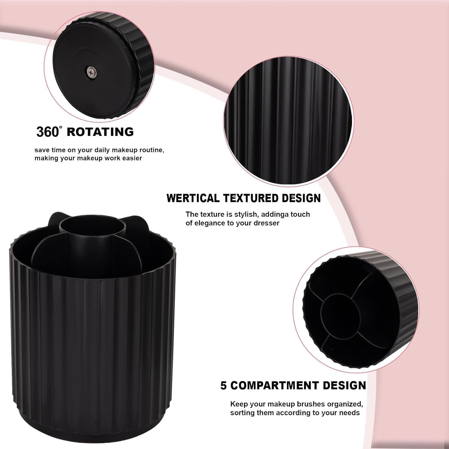 Makeup Brush Holder Organizer 360°Rotating Make Up Brushes Container for Vanity, Spinning Cosmetics Storage Cup, Stripe Black