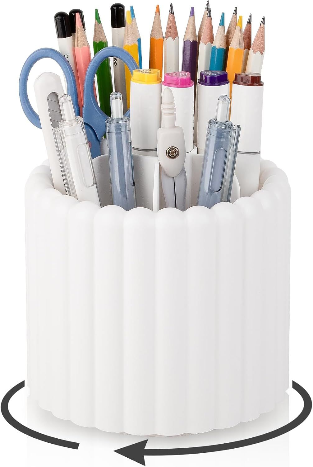 360° Rotating Pen Holder 7 Slots Desk Organizer Removable Pencil Cup Plastic Art Supplies and Accessories Desktop Storage Box Caddy for Office, School, Home White