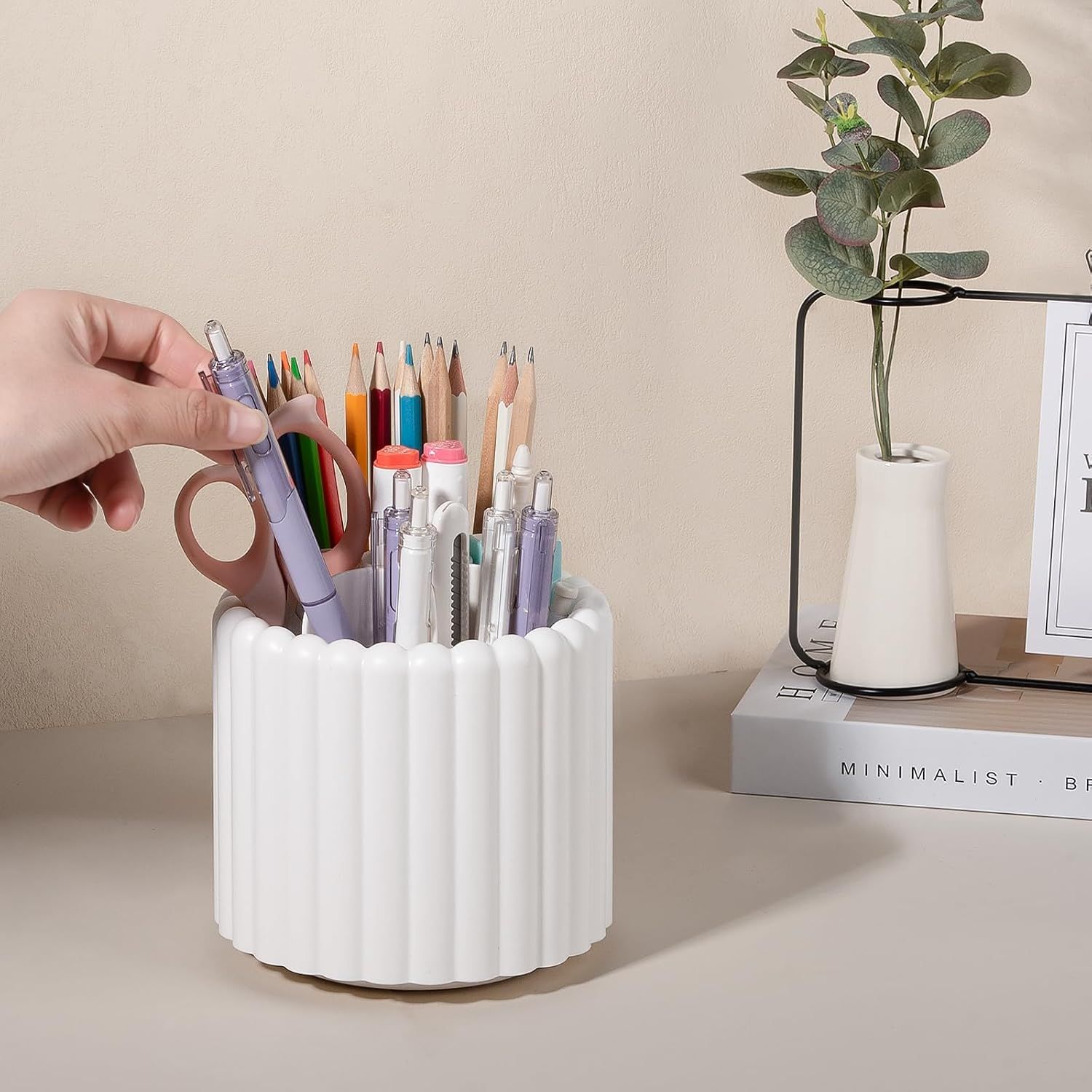 360° Rotating Pen Holder 7 Slots Desk Organizer Removable Pencil Cup Plastic Art Supplies and Accessories Desktop Storage Box Caddy for Office, School, Home White