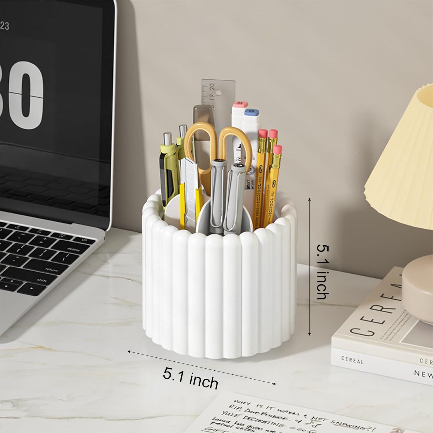 360° Rotating Pen Holder 7 Slots Desk Organizer Removable Pencil Cup Plastic Art Supplies and Accessories Desktop Storage Box Caddy for Office, School, Home White