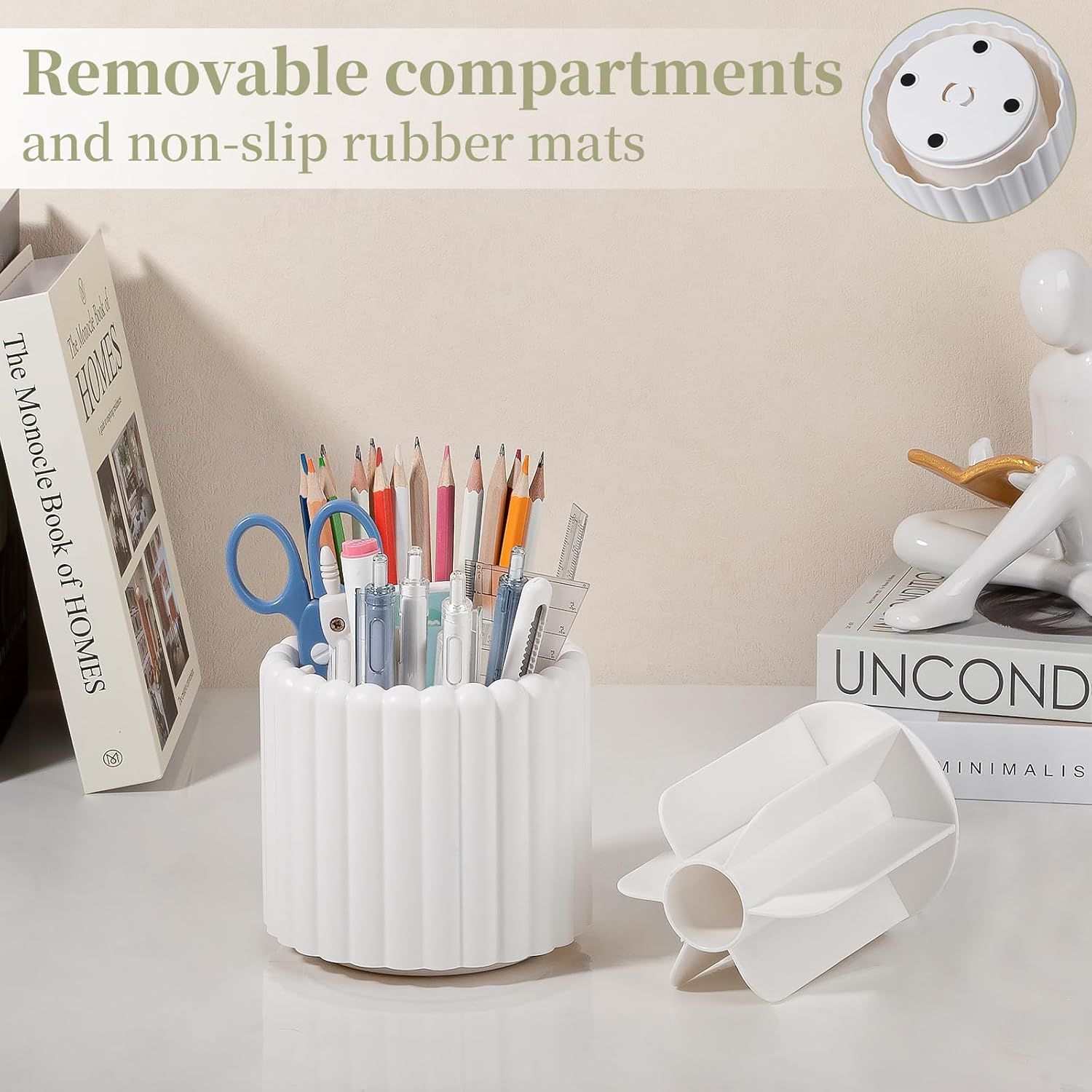 360° Rotating Pen Holder 7 Slots Desk Organizer Removable Pencil Cup Plastic Art Supplies and Accessories Desktop Storage Box Caddy for Office, School, Home White
