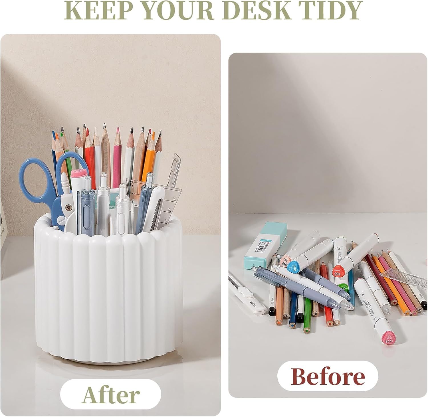 360° Rotating Pen Holder 7 Slots Desk Organizer Removable Pencil Cup Plastic Art Supplies and Accessories Desktop Storage Box Caddy for Office, School, Home White