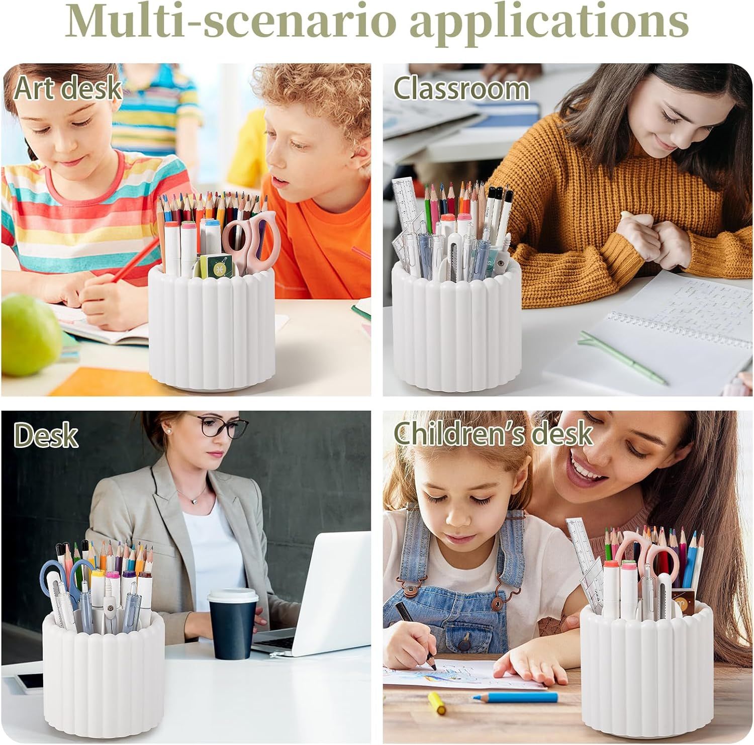 360° Rotating Pen Holder 7 Slots Desk Organizer Removable Pencil Cup Plastic Art Supplies and Accessories Desktop Storage Box Caddy for Office, School, Home White
