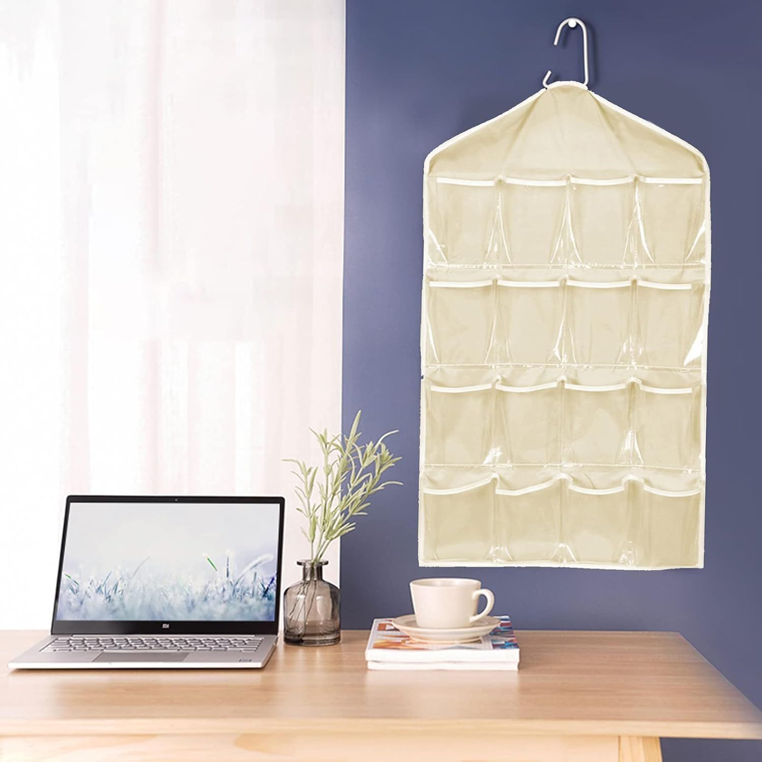 Beige Hanging Storage Bag for Closets, Portable 16 Pockets Hanging Organizer for Socks, Bras and Underwear, Closet Organizers and Storage Closet Bag, Behind the Door Organizer