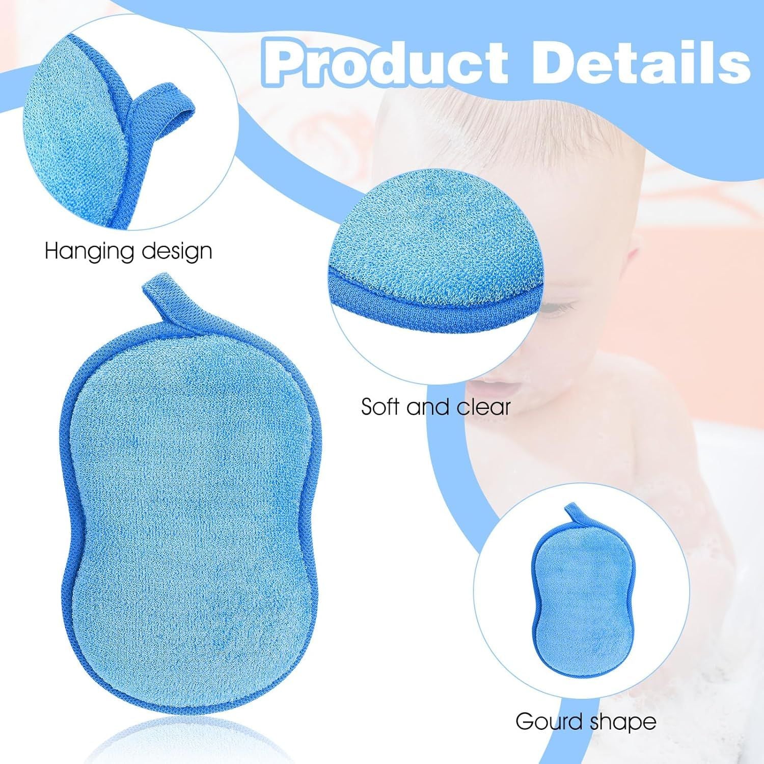 2Pcs Soft Bath Sponge, Cotton Shower Sponge Absorbent Gentleness Exfoliating Body Scrubber Shower Skin Friendly Comfort Bathing Tool for Men Women All Skin Type Blue,Pink