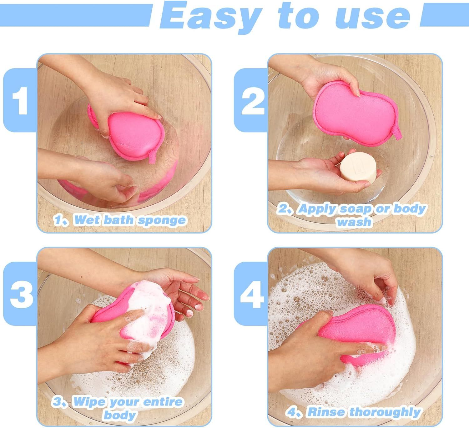 2Pcs Soft Bath Sponge, Cotton Shower Sponge Absorbent Gentleness Exfoliating Body Scrubber Shower Skin Friendly Comfort Bathing Tool for Men Women All Skin Type Blue,Pink