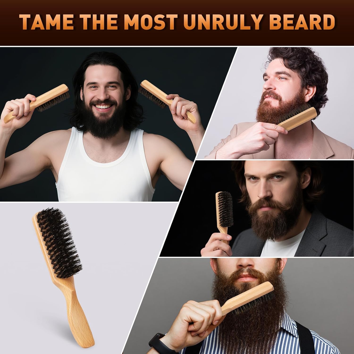 Boar Bristle Hair Brush for Men - Slick Back Hair Brush - Mens Hairbrush with Stiff Bristles & Wooden Handle, for Thick, Fine & Normal Hair Smoothing Styling Adding Shine, Beard Mustache Brush Comb