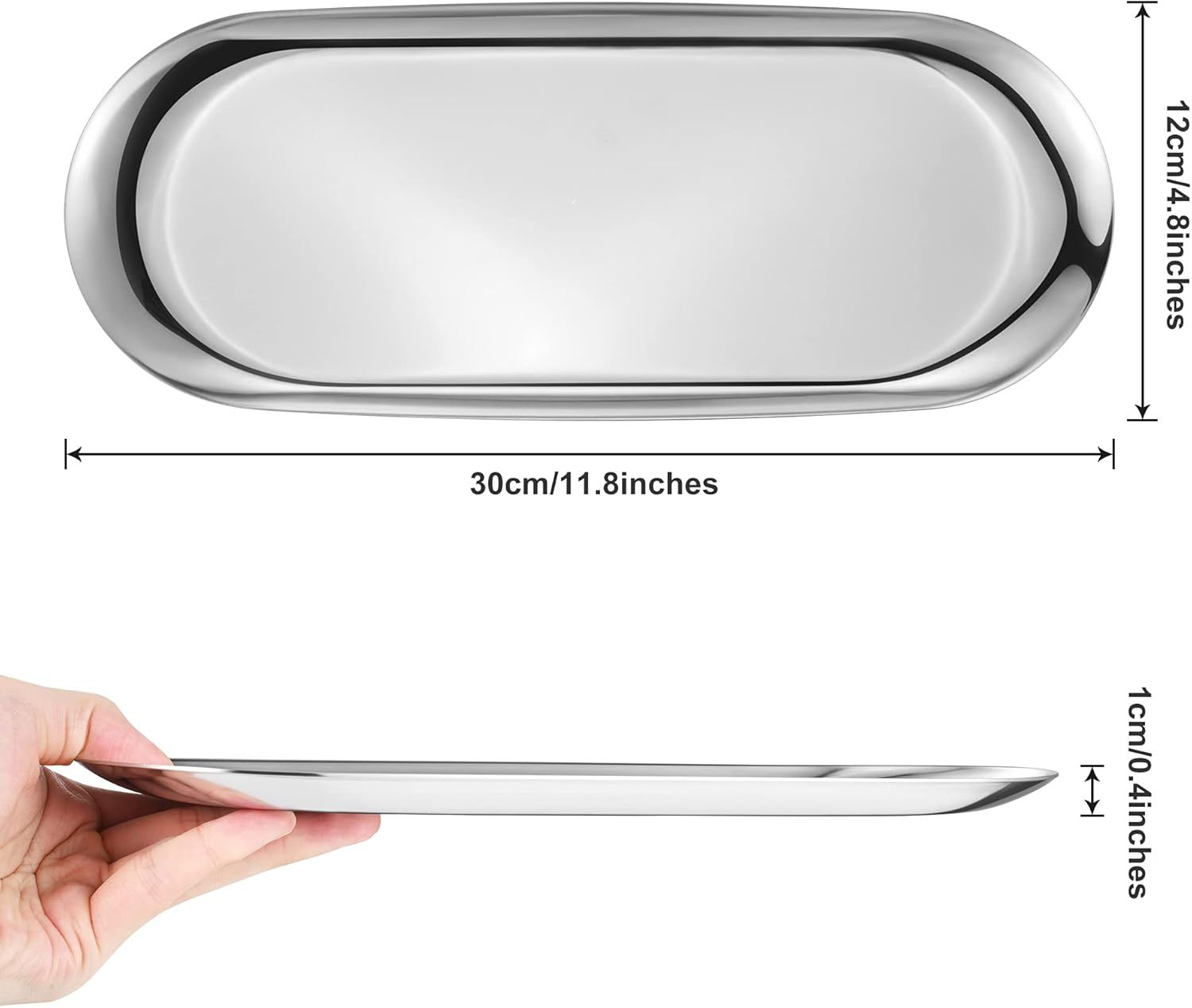 Silver Oval Vanity Tray, Stainless Steel Jewelry Tray, Bathroom Tray, Makeup Cosmetic Trays,Towel Napkin Tray,Storage Organizer,11.8 x 4.8 inches L*W , Large