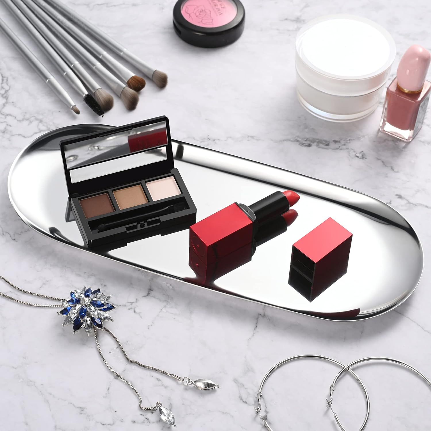 Silver Oval Vanity Tray, Stainless Steel Jewelry Tray, Bathroom Tray, Makeup Cosmetic Trays,Towel Napkin Tray,Storage Organizer,11.8 x 4.8 inches L*W , Large