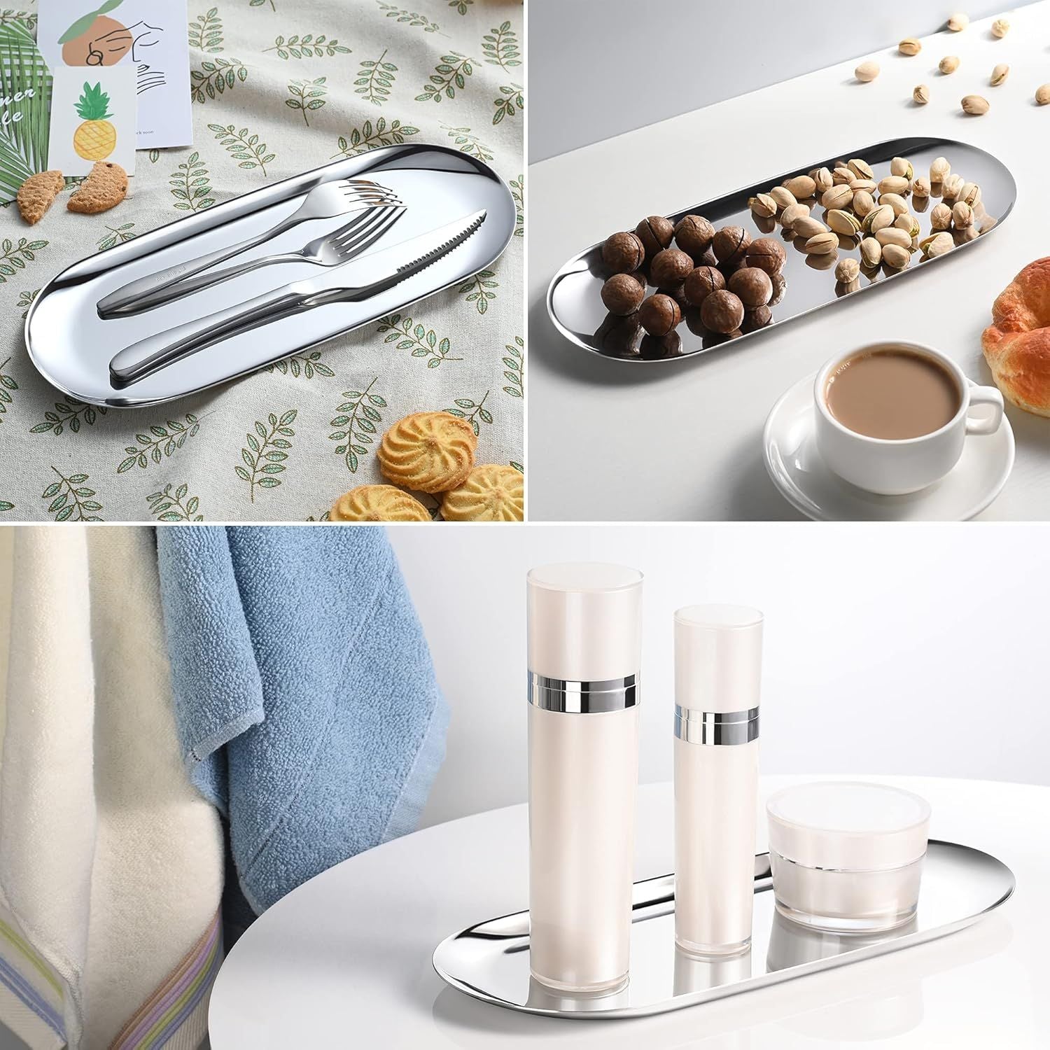 Silver Oval Vanity Tray, Stainless Steel Jewelry Tray, Bathroom Tray, Makeup Cosmetic Trays,Towel Napkin Tray,Storage Organizer,11.8 x 4.8 inches L*W , Large
