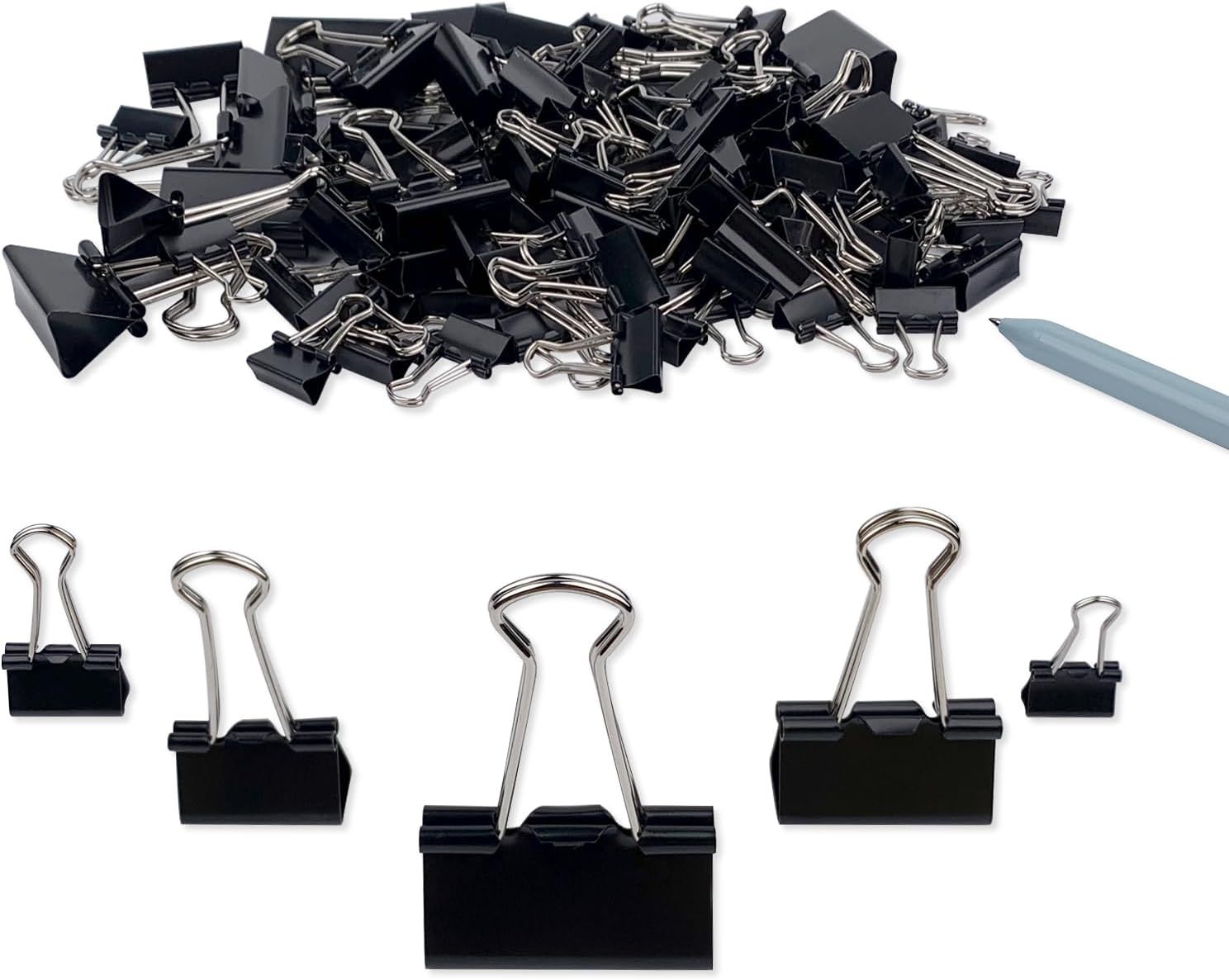 Binder Clips Paper Clamps Assorted Sizes 150 Count Black , Large, Medium, Small, X Small and Micro, 5 Sizes in One Pack, Meet Your Different Using Needs.