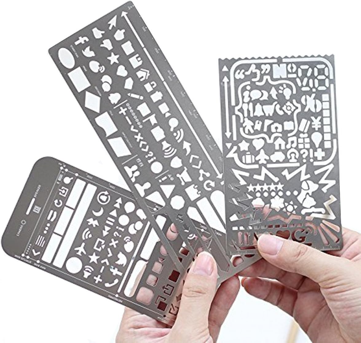 Yansanido Pack of 3 Stainless Steel Drawing Ruler, Painting Stencils, Scale Template Sets, Graphics Stencils, Number Template Ruler for Very Fine Pen Tip