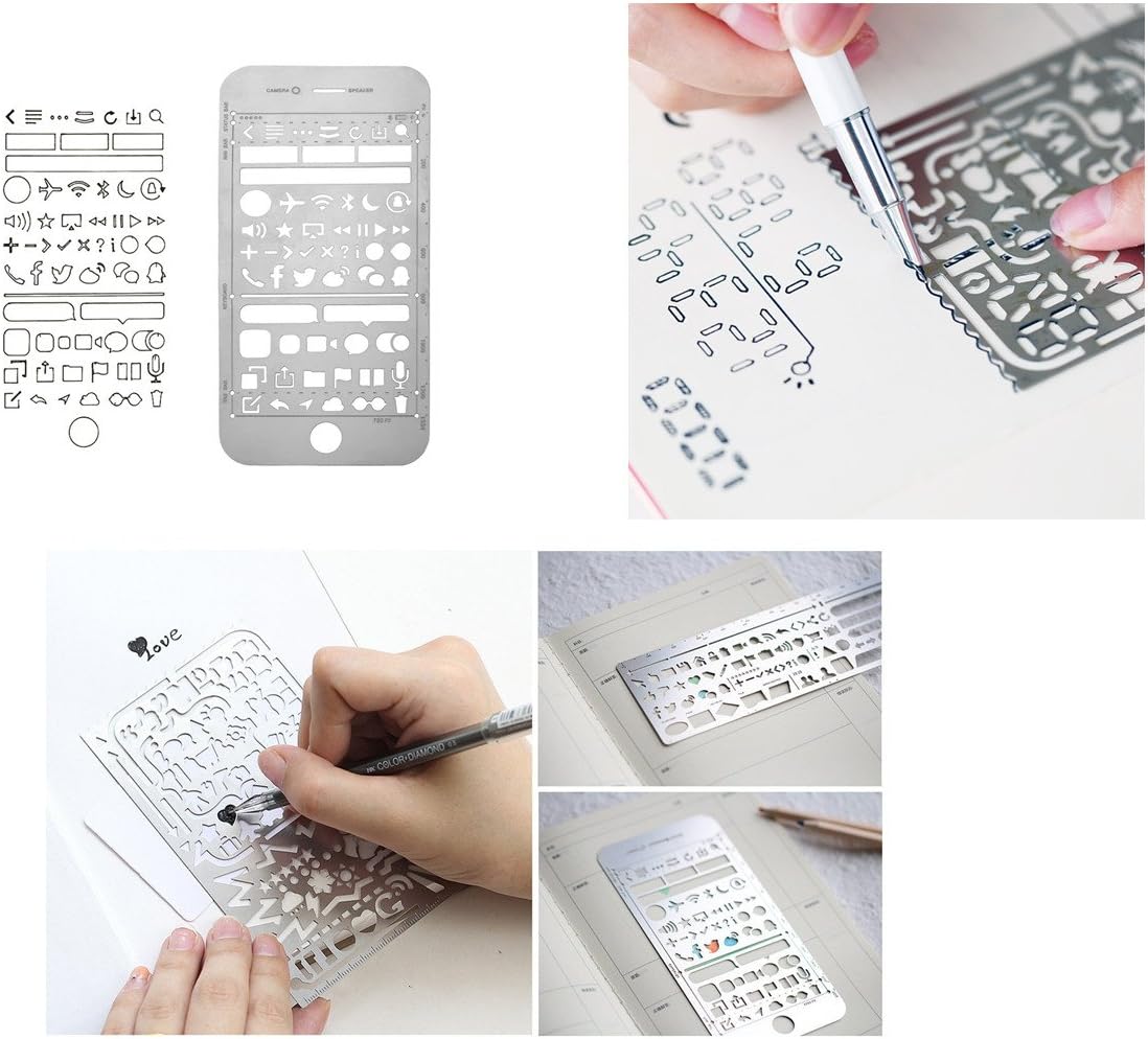 Yansanido Pack of 3 Stainless Steel Drawing Ruler, Painting Stencils, Scale Template Sets, Graphics Stencils, Number Template Ruler for Very Fine Pen Tip