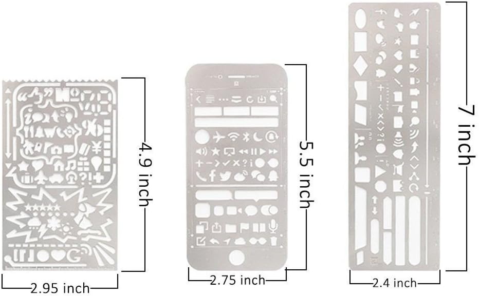 Yansanido Pack of 3 Stainless Steel Drawing Ruler, Painting Stencils, Scale Template Sets, Graphics Stencils, Number Template Ruler for Very Fine Pen Tip